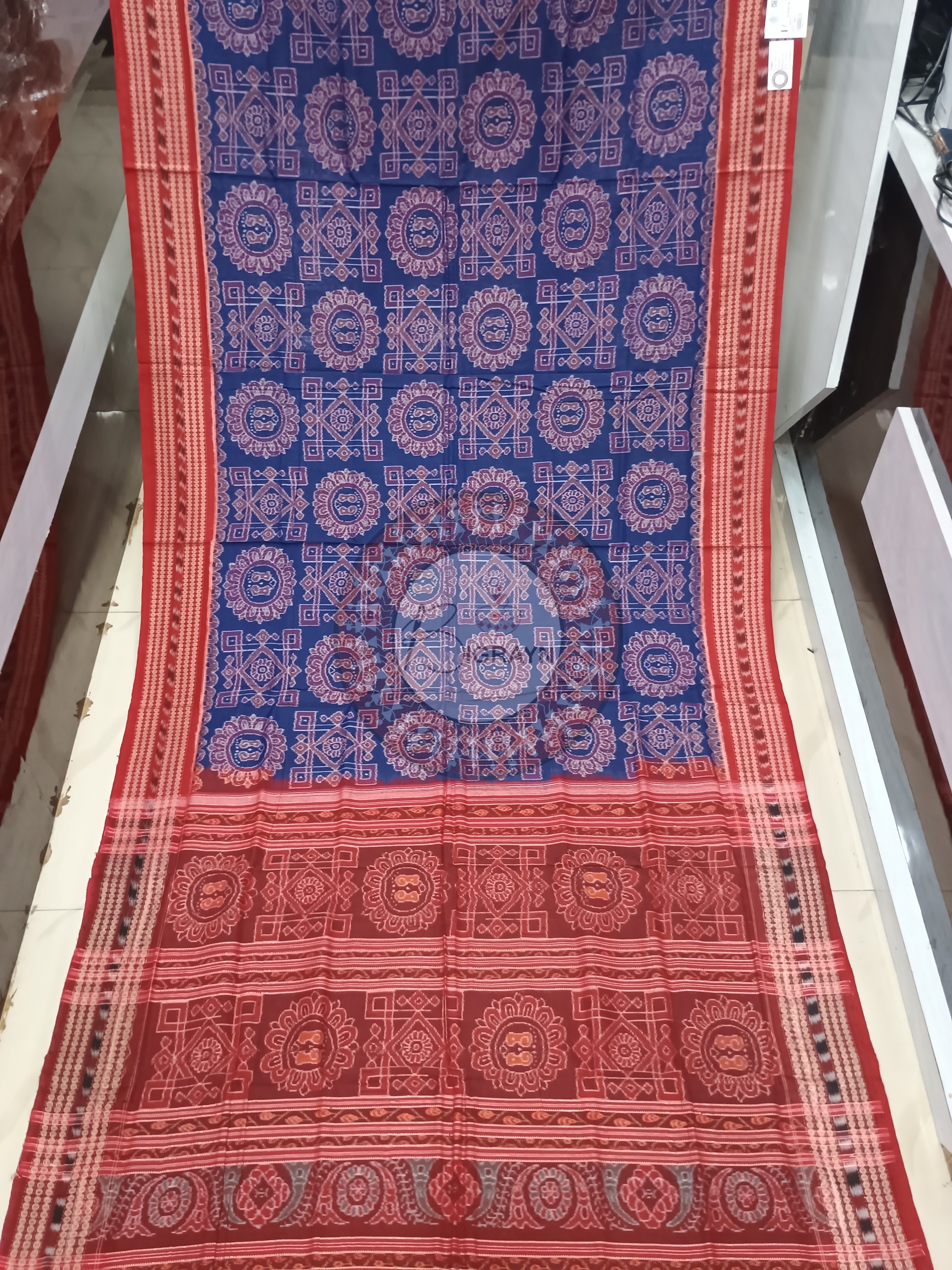 Blue Red Laxmi Pada And Yantra Sambalpuri Cotton
