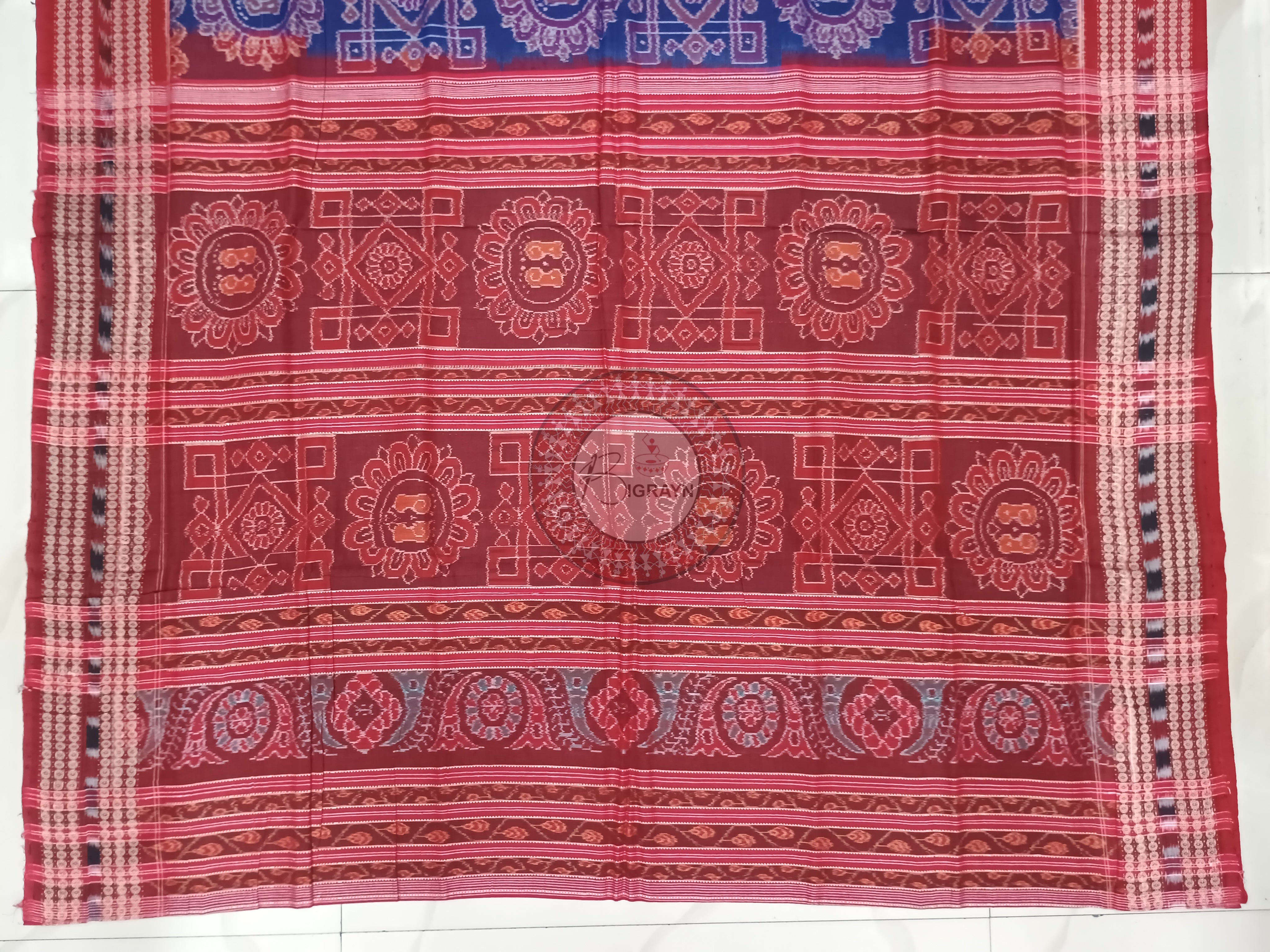 Blue Red Laxmi Pada And Yantra Sambalpuri Cotton