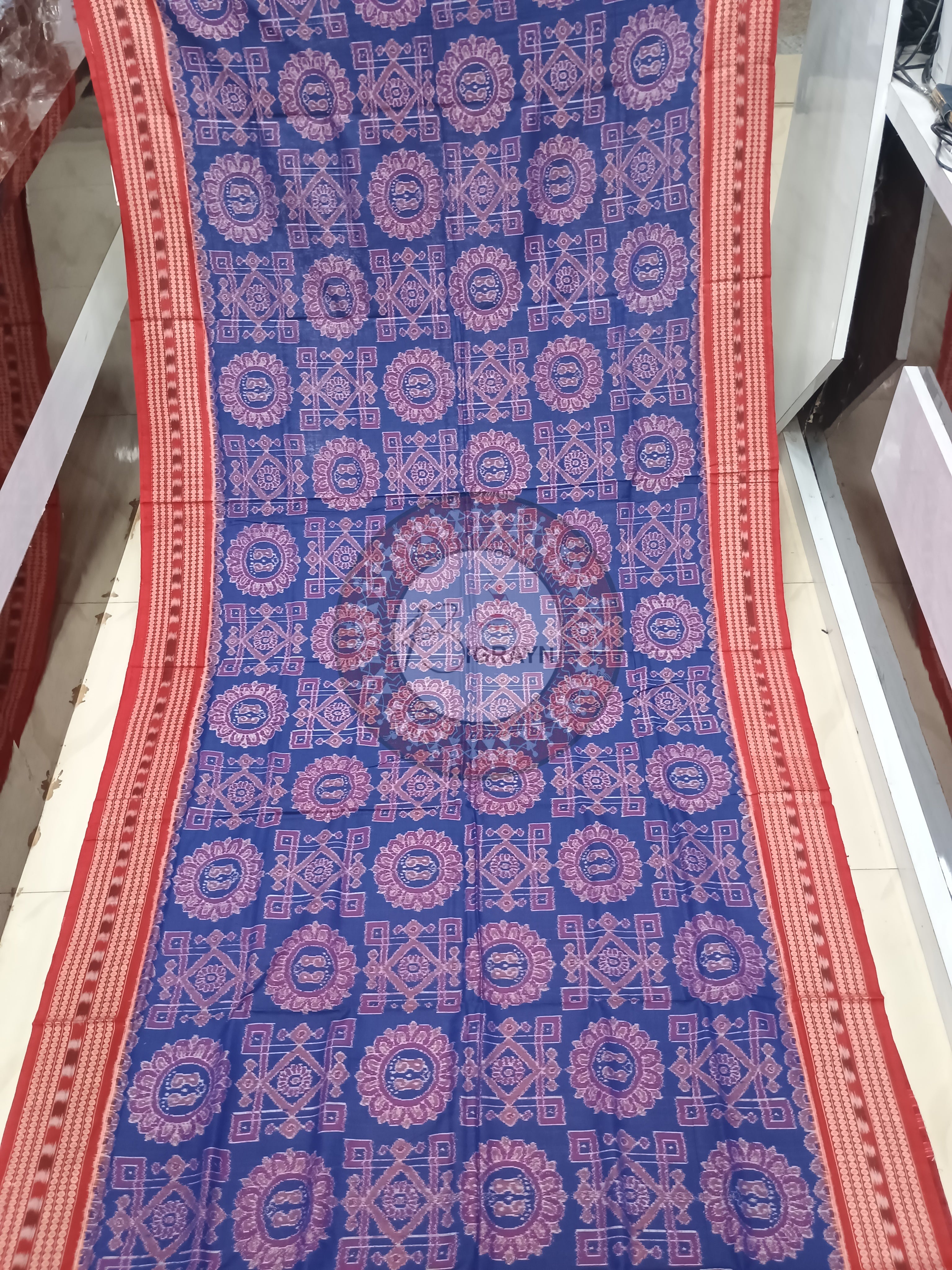 Blue Red Laxmi Pada And Yantra Sambalpuri Cotton