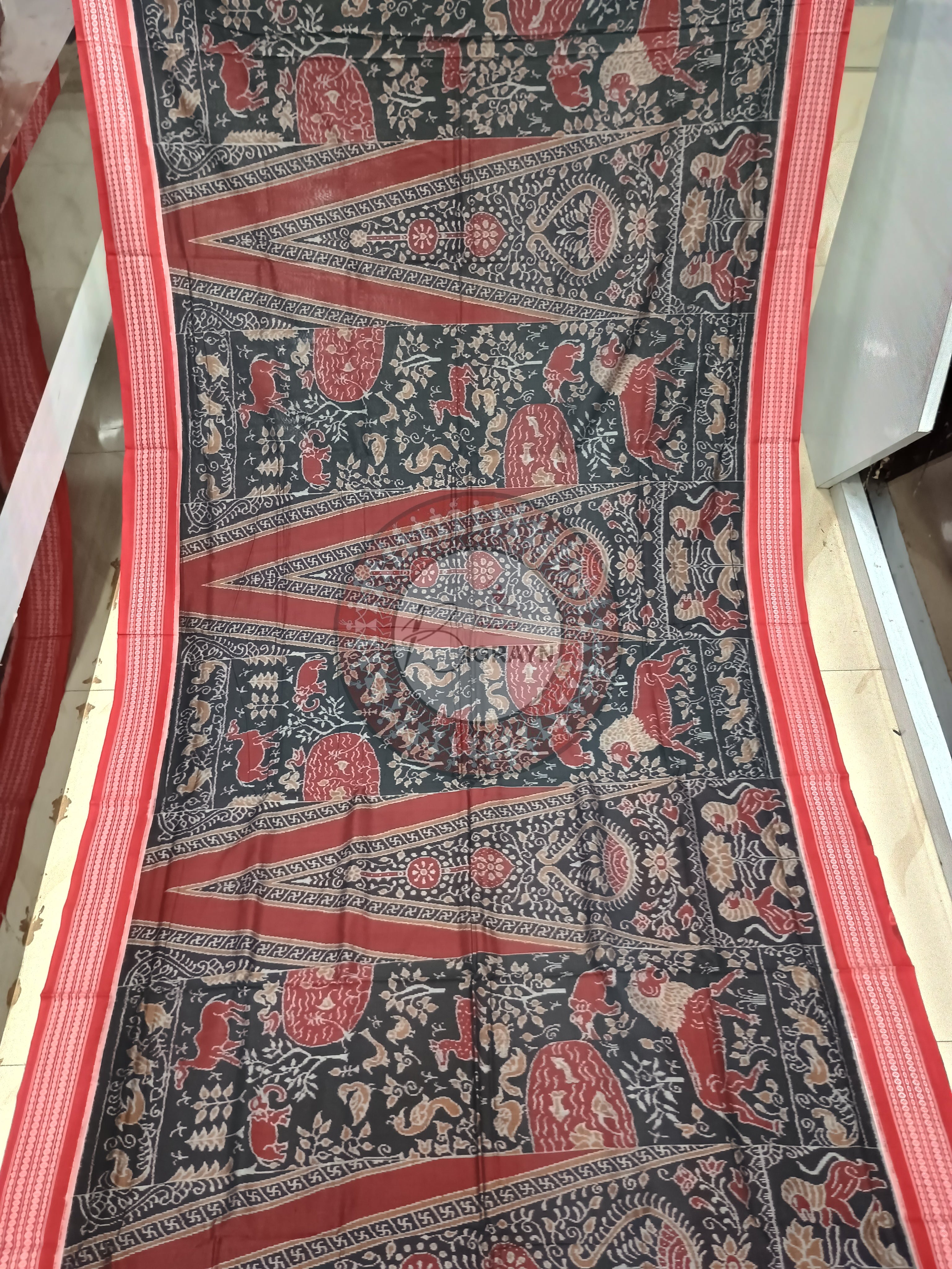 Black Red Animal Odisha Handloom Sambalpuri Cotton