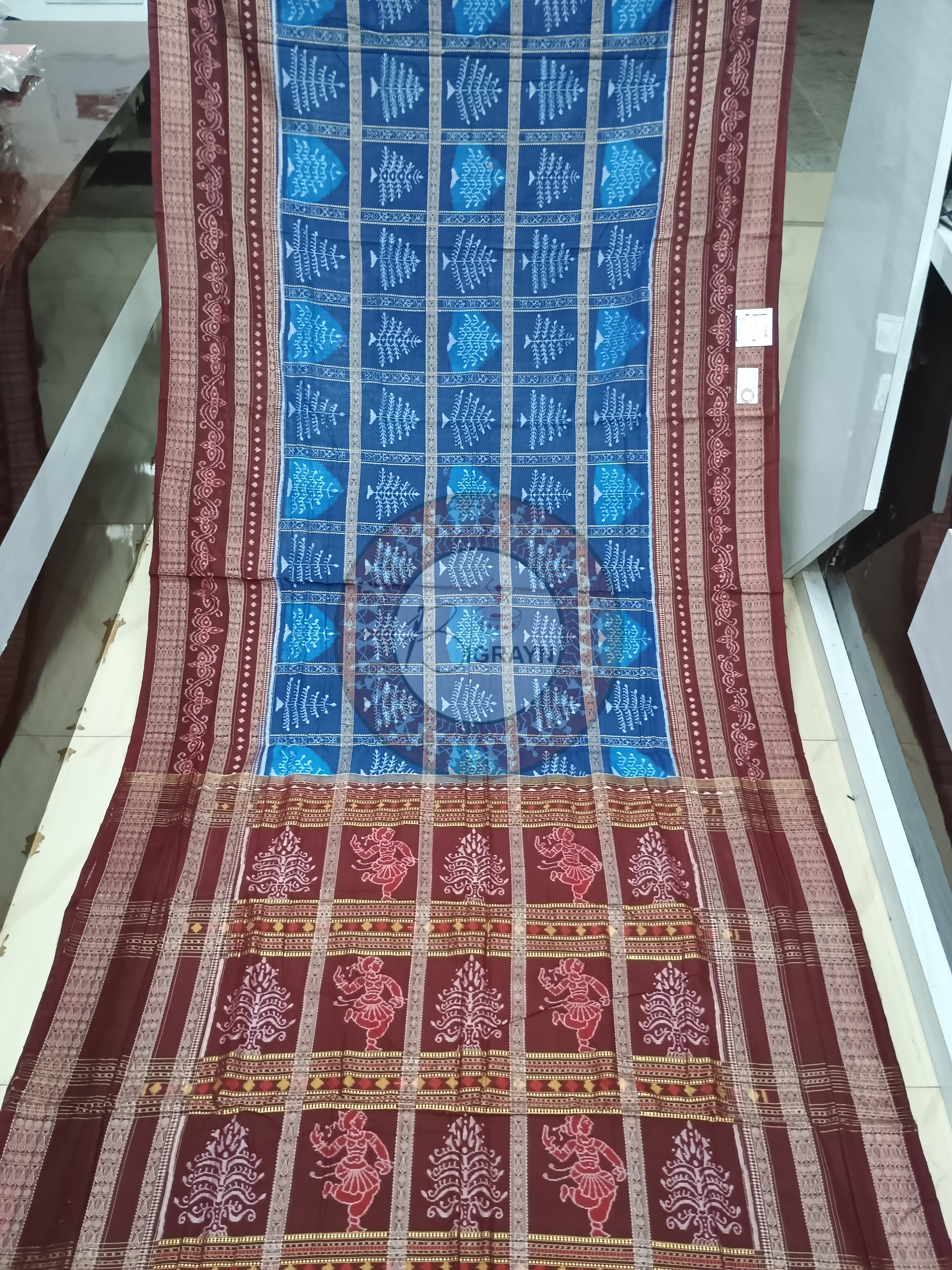 Blue Maroon Tree Dsign Odisha Handloom Sambalpuri Cotton Saree