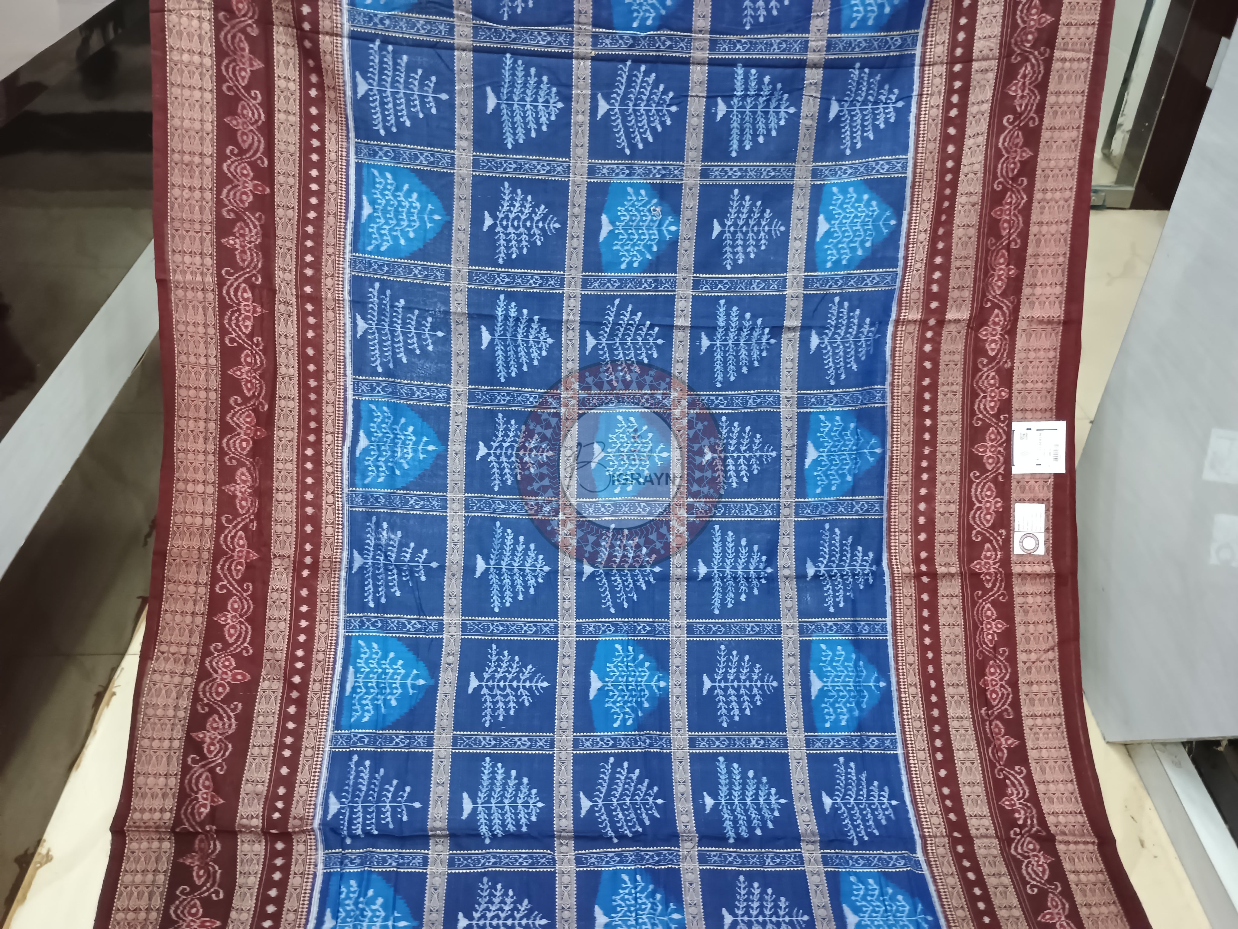 Blue Maroon Tree Dsign Odisha Handloom Sambalpuri Cotton Saree