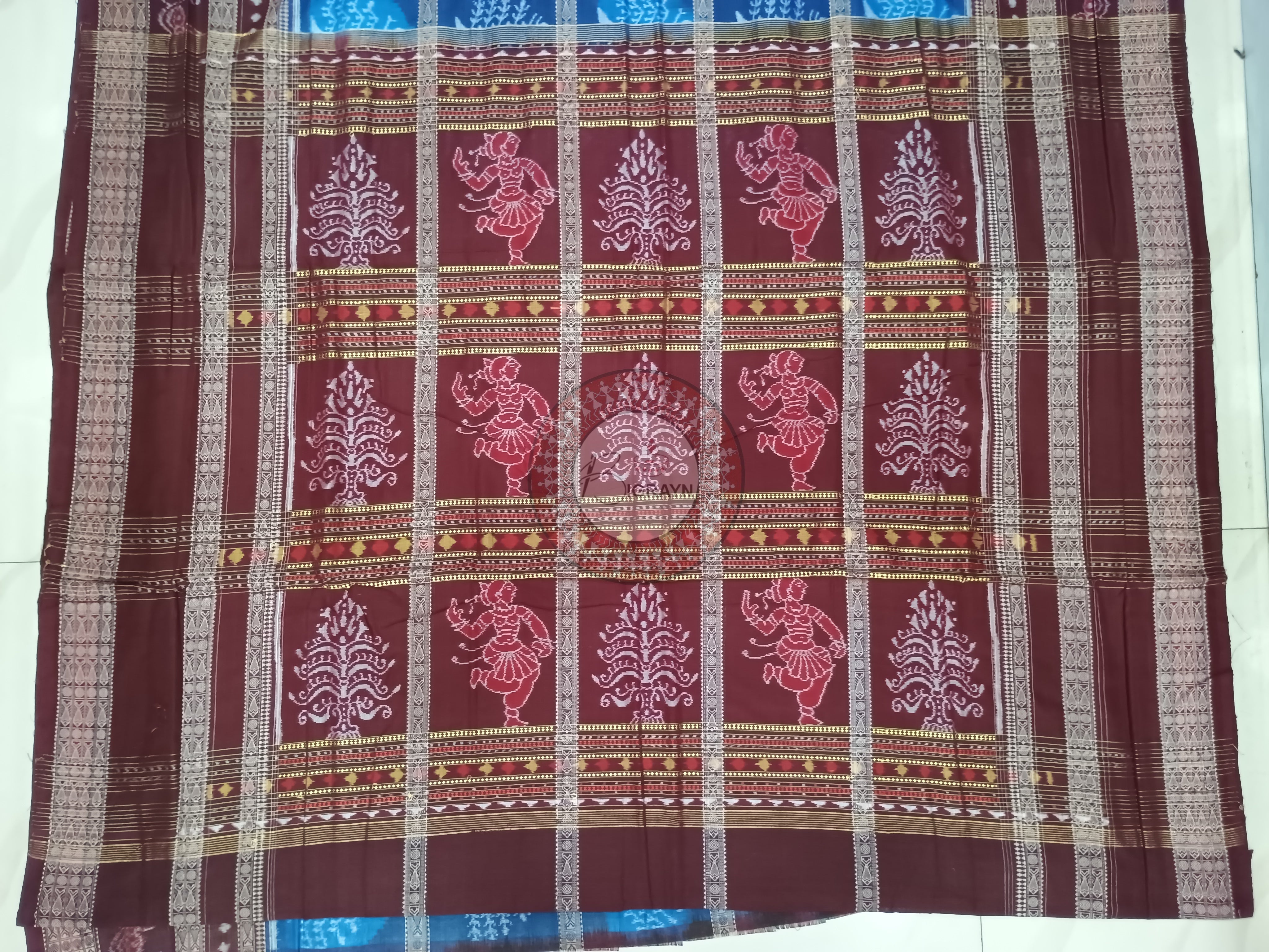 Blue Maroon Tree Dsign Odisha Handloom Sambalpuri Cotton Saree