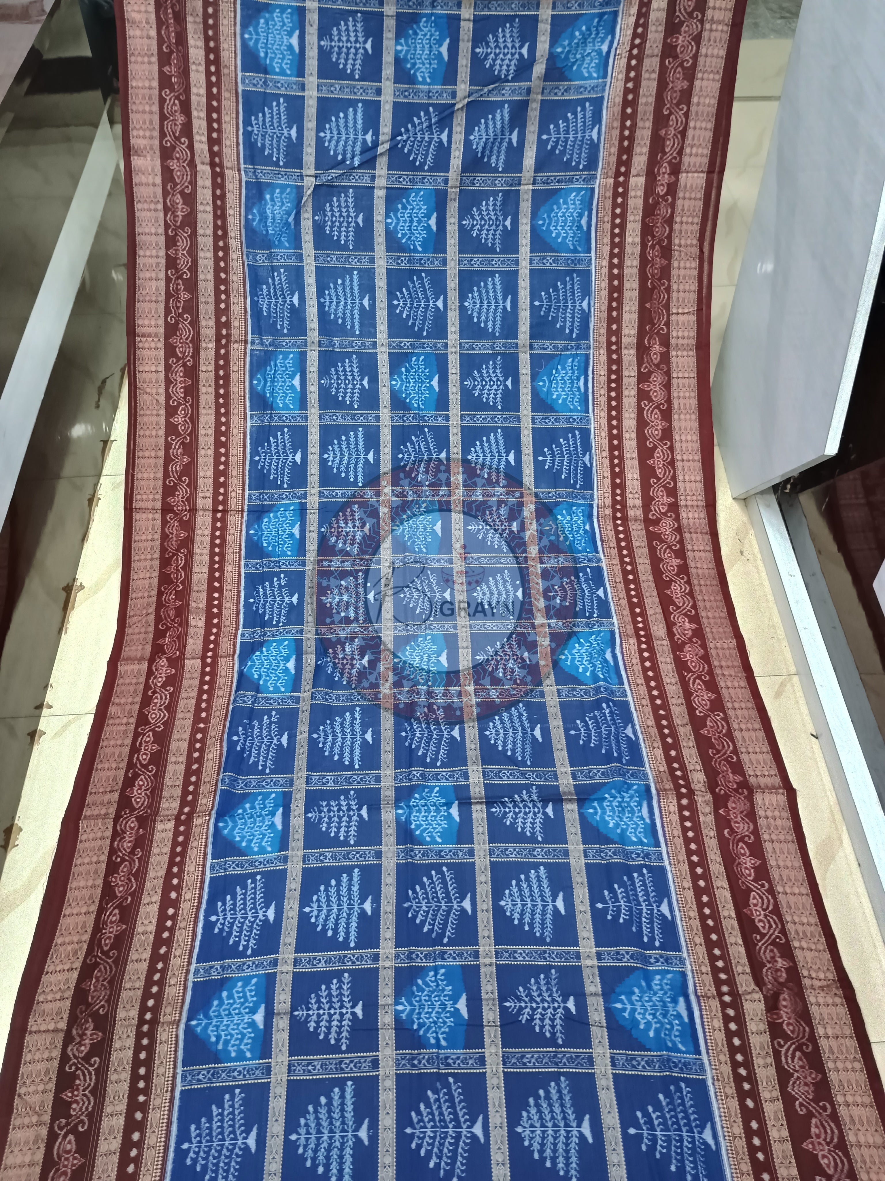 Blue Maroon Tree Dsign Odisha Handloom Sambalpuri Cotton Saree