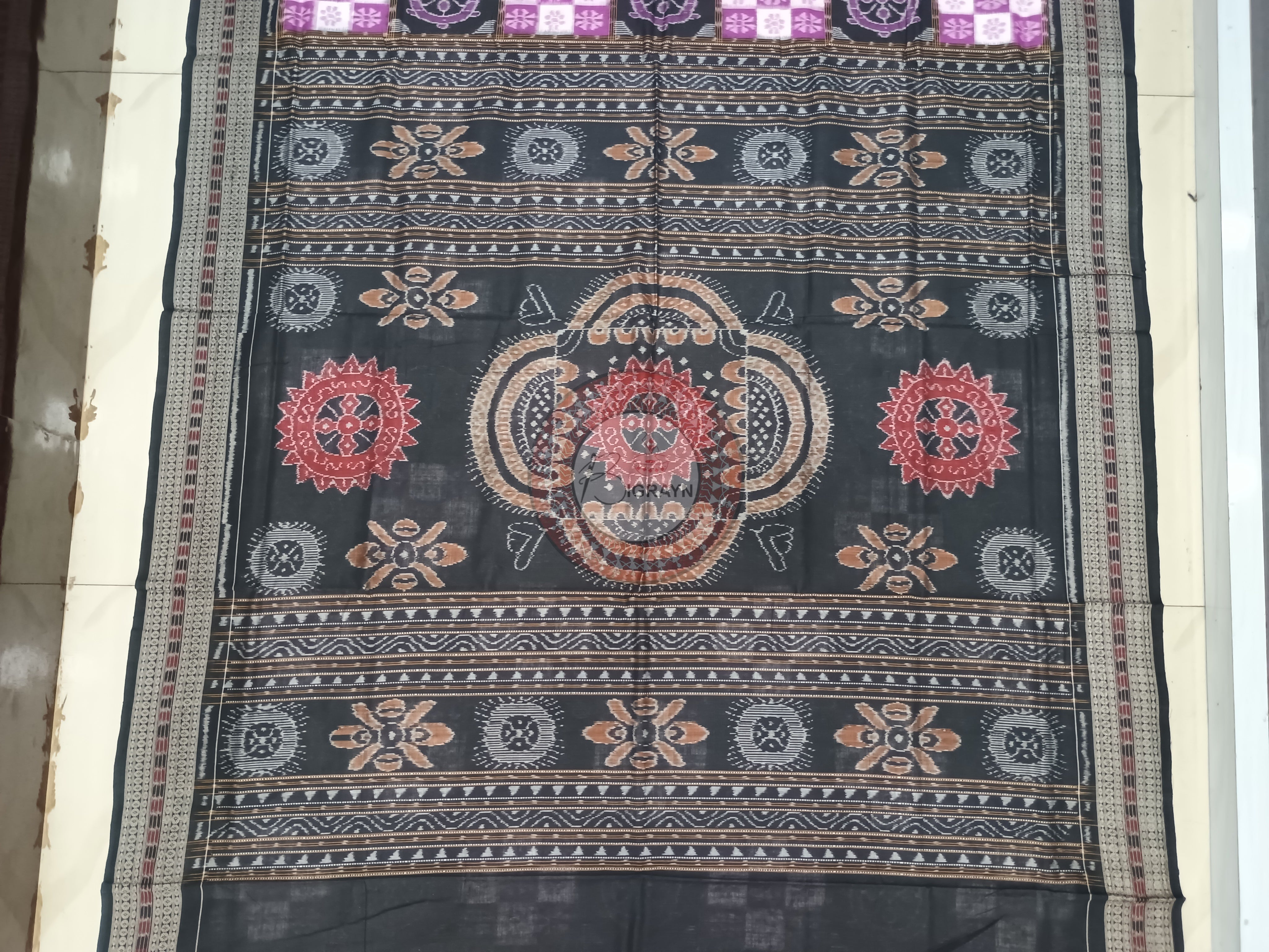 Purple Black Konark Wheel Odisha Handloom Sambalpuri Cotton Saree
