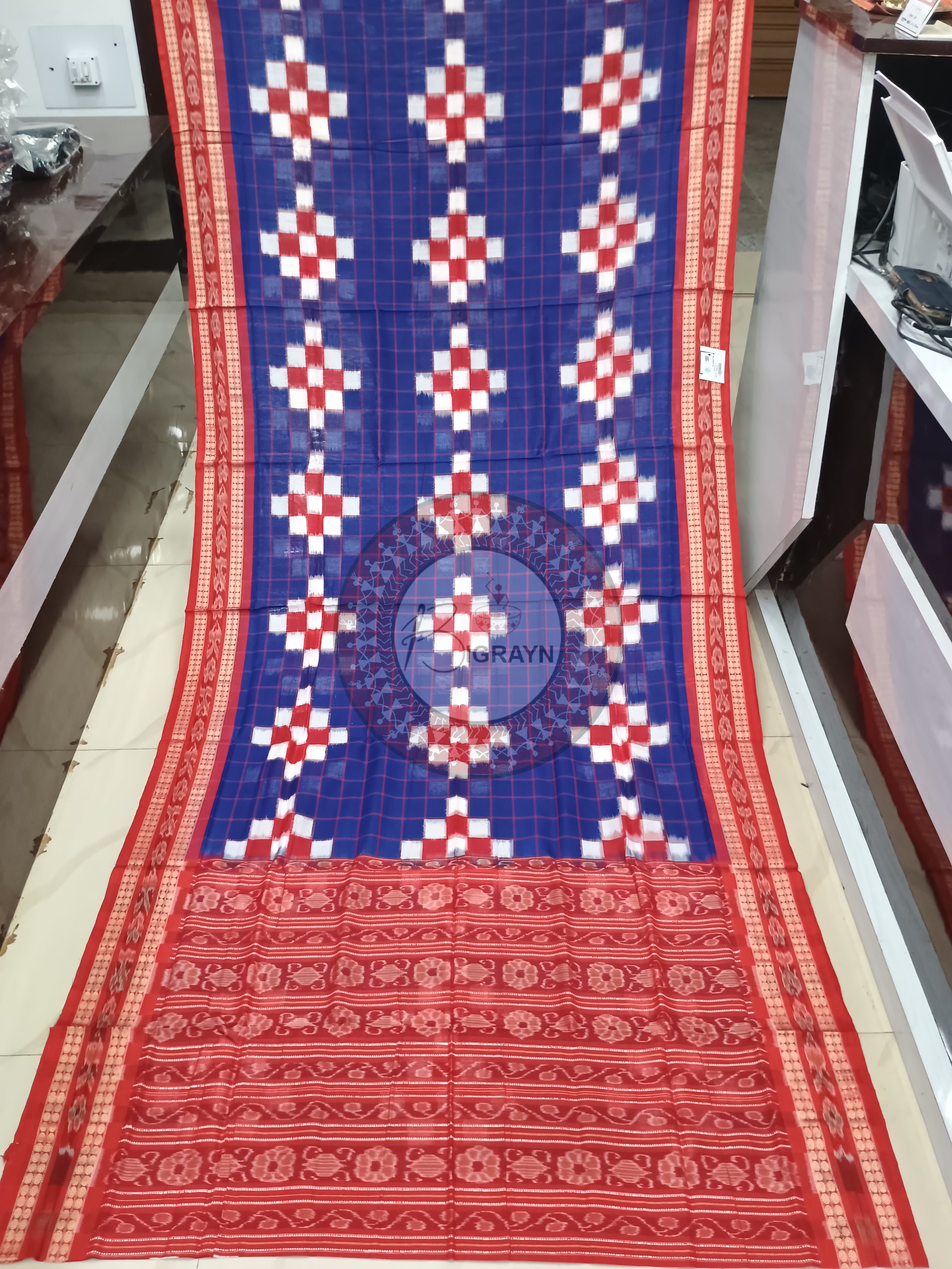 Blue Red Pasapali Odisha Handloom Sambalpuri Saree