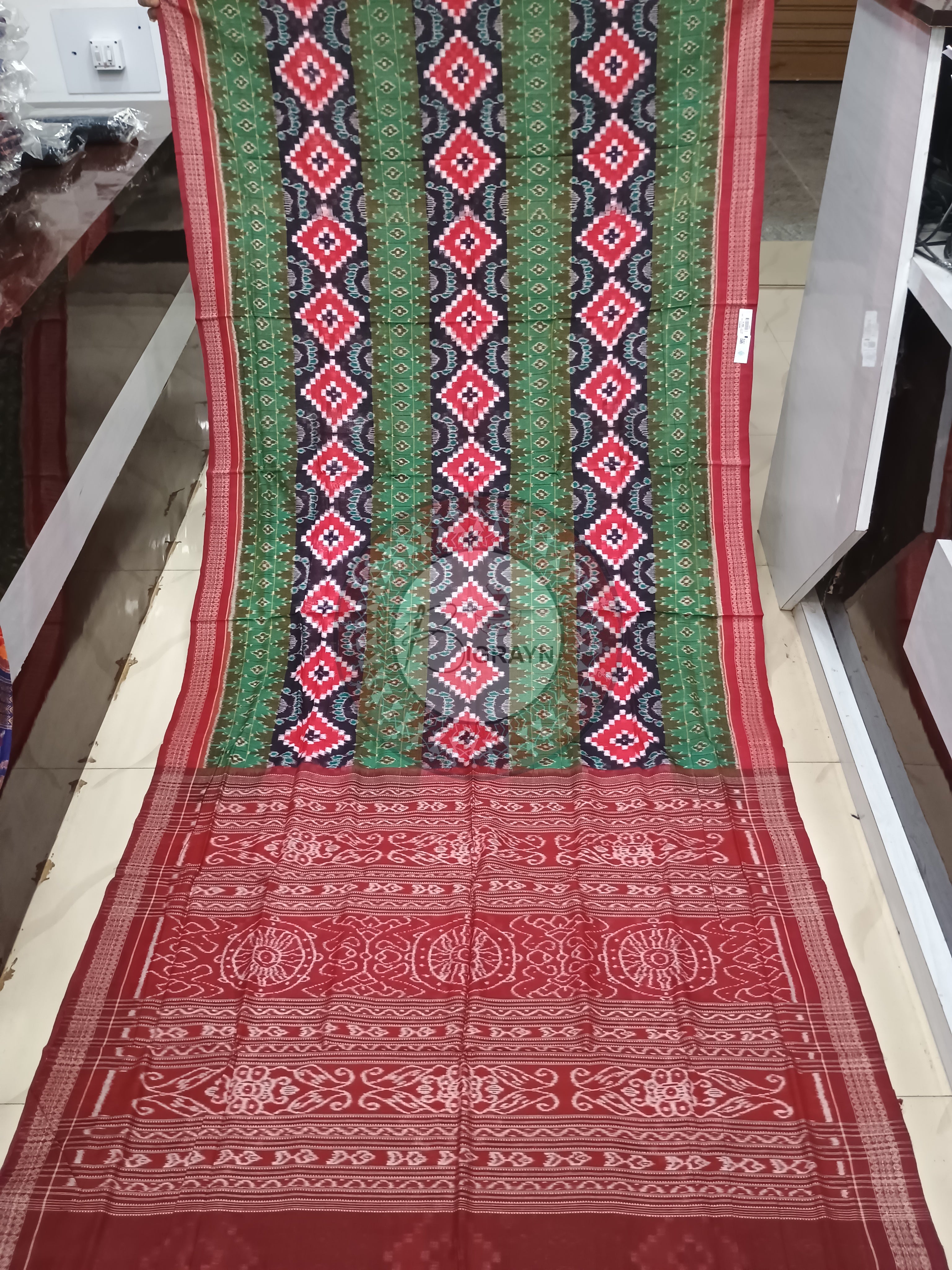 Olive Green Maroon Pasapali Sambalpuri Cotton Saree