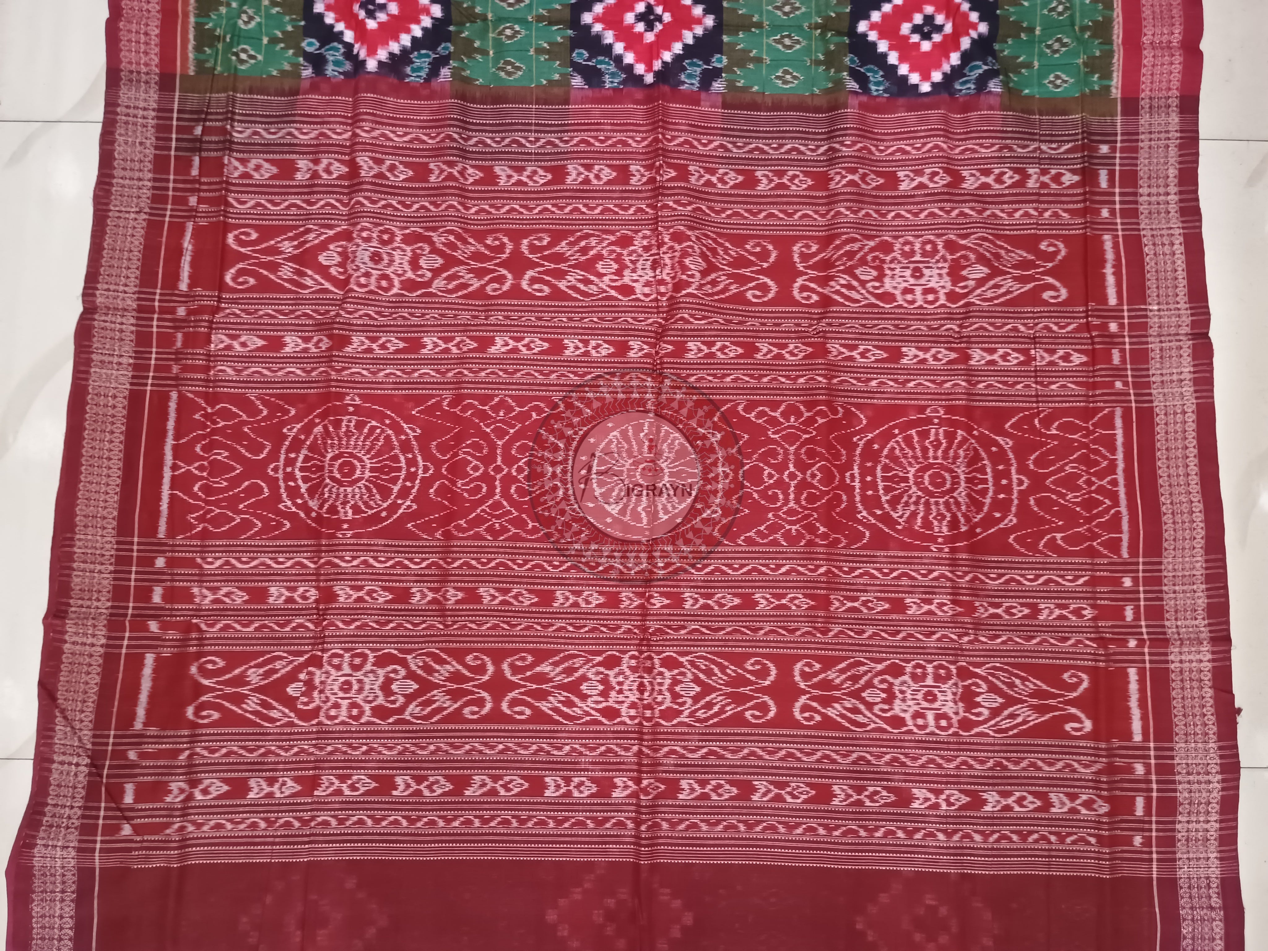 Olive Green Maroon Pasapali Sambalpuri Cotton Saree