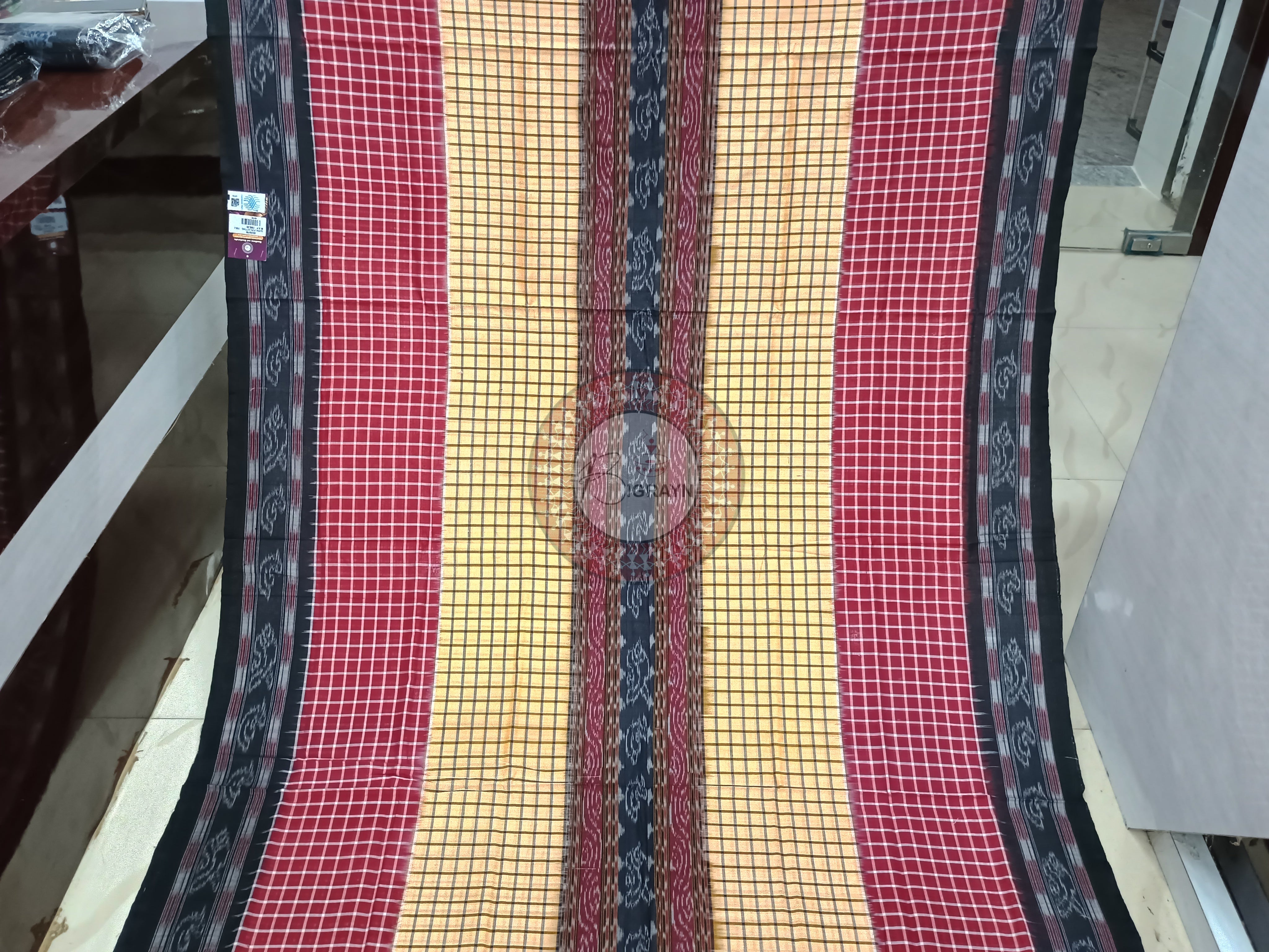 Yellow-Maroon-Black checkered pattern Sambalpuri Cotton Saree