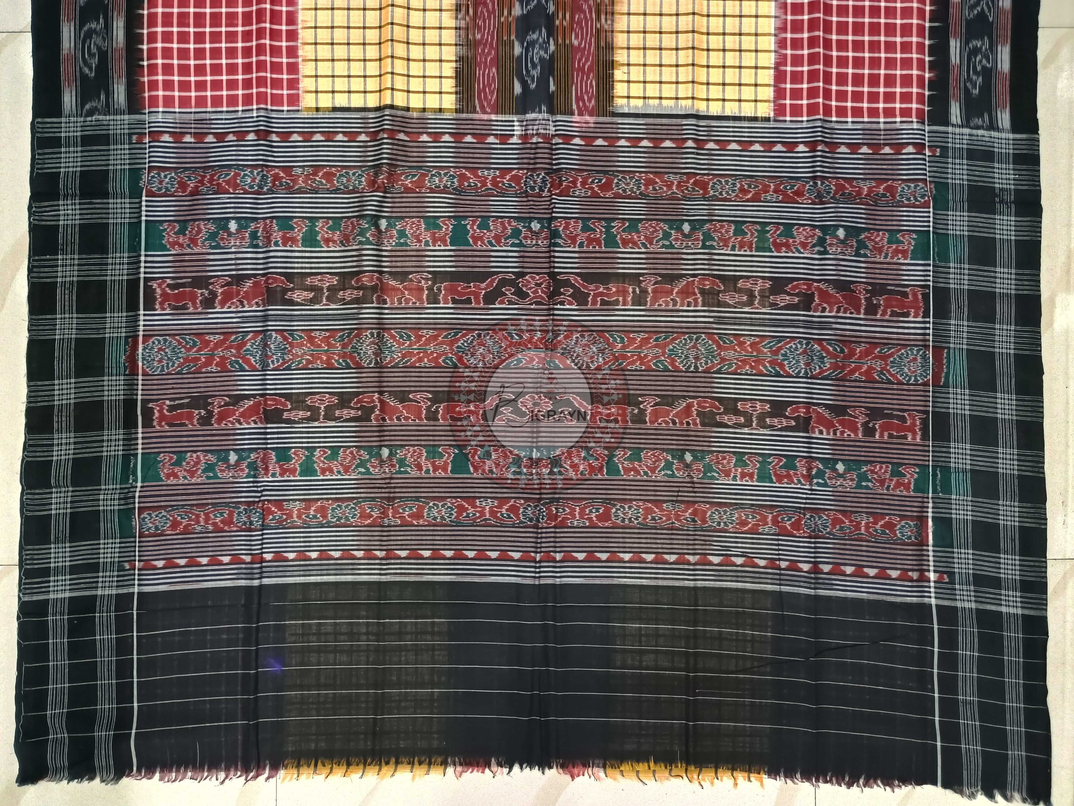 Yellow-Maroon-Black checkered pattern Sambalpuri Cotton Saree