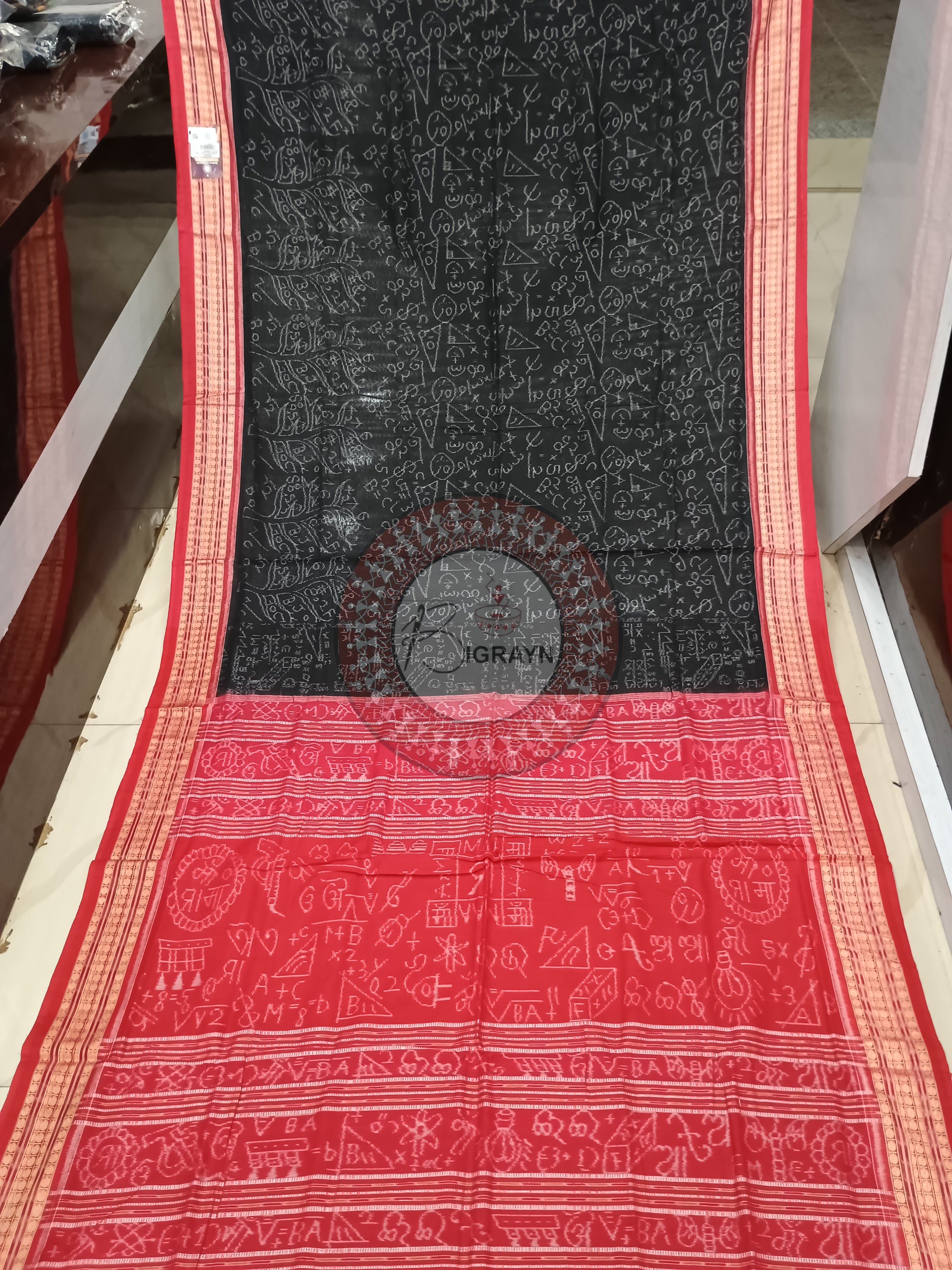 Black Red Mathematical Sambalpuri Cotton Saree