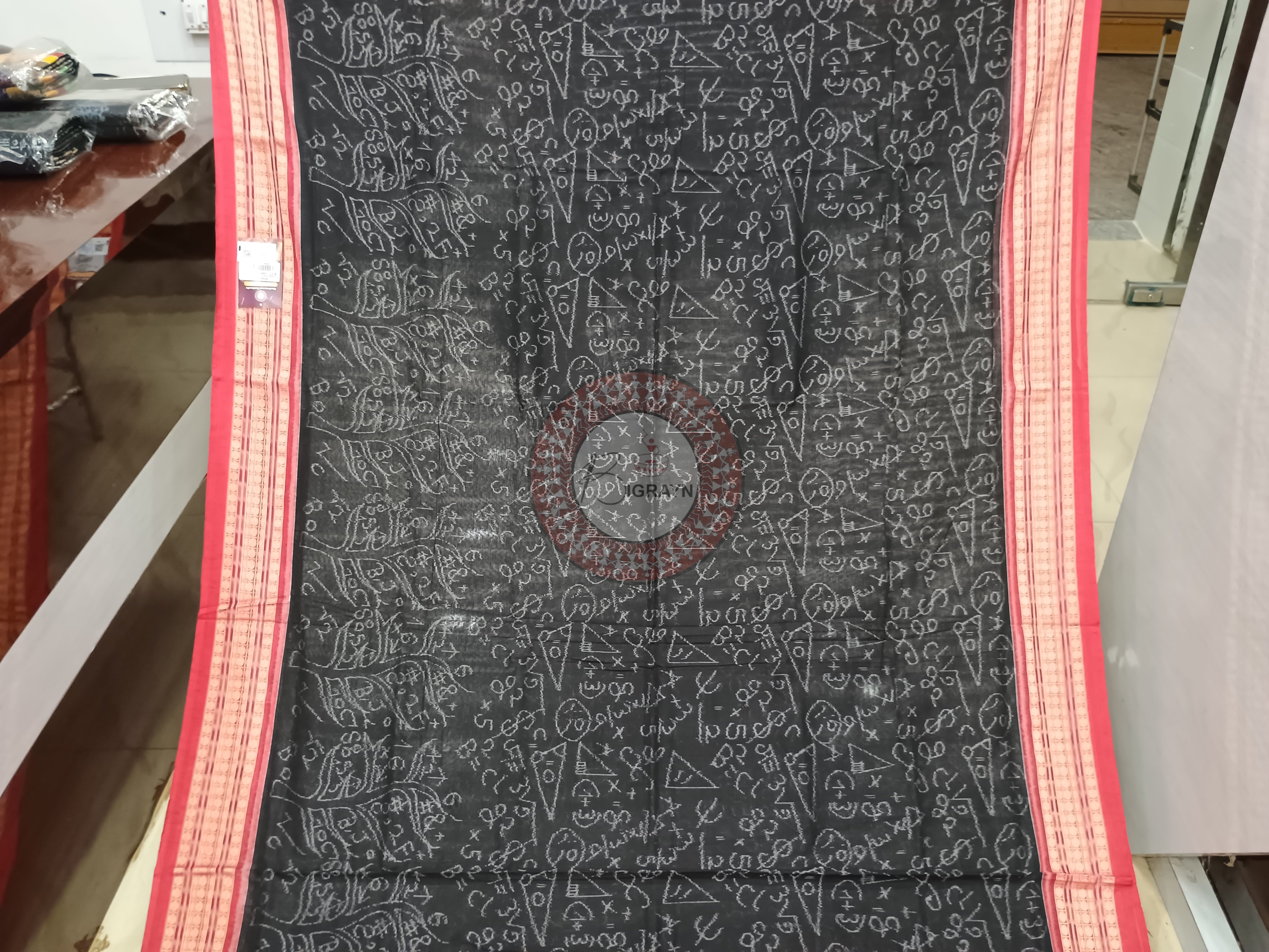 Black Red Mathematical Sambalpuri Cotton Saree