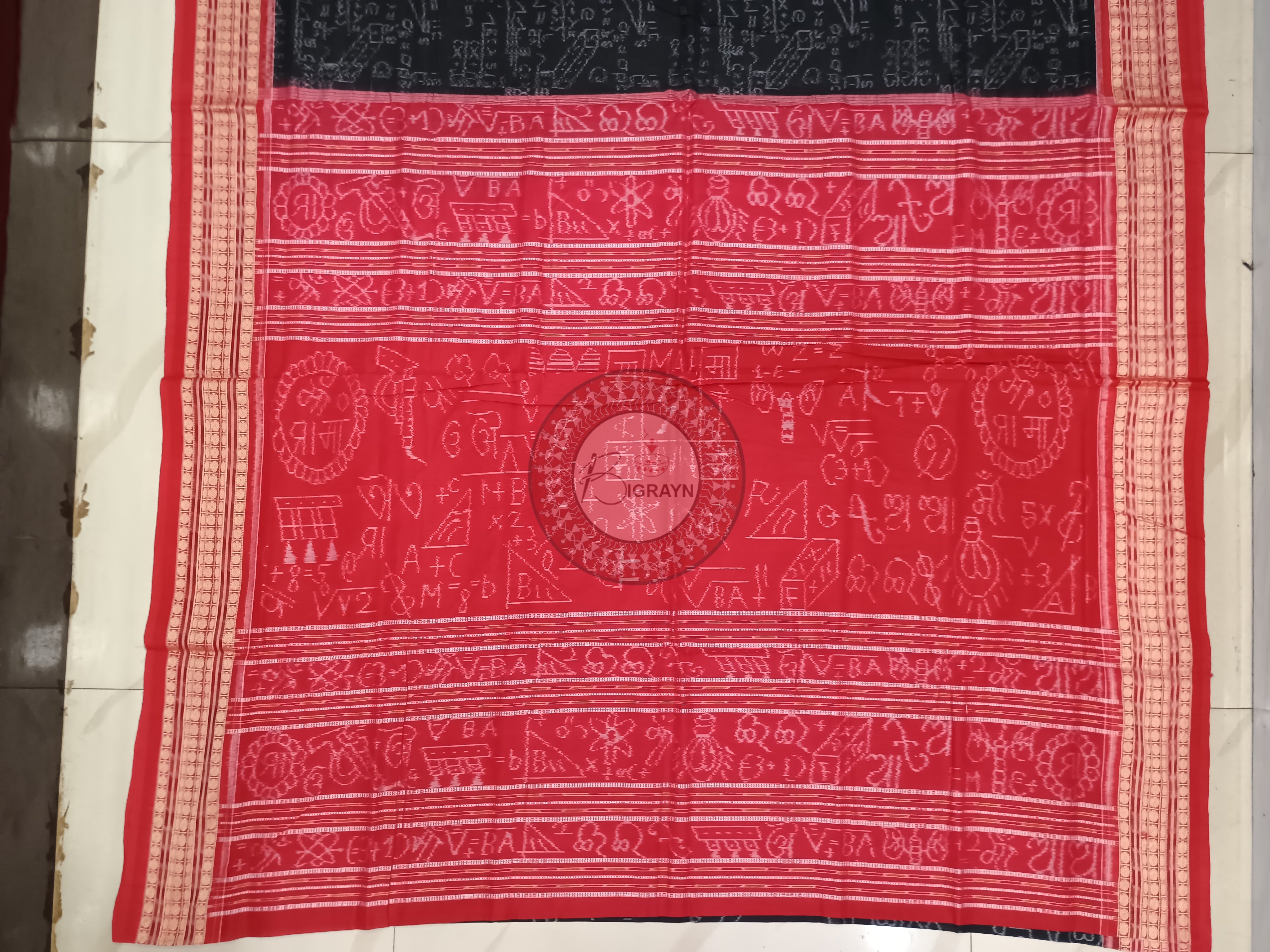 Black Red Mathematical Sambalpuri Cotton Saree