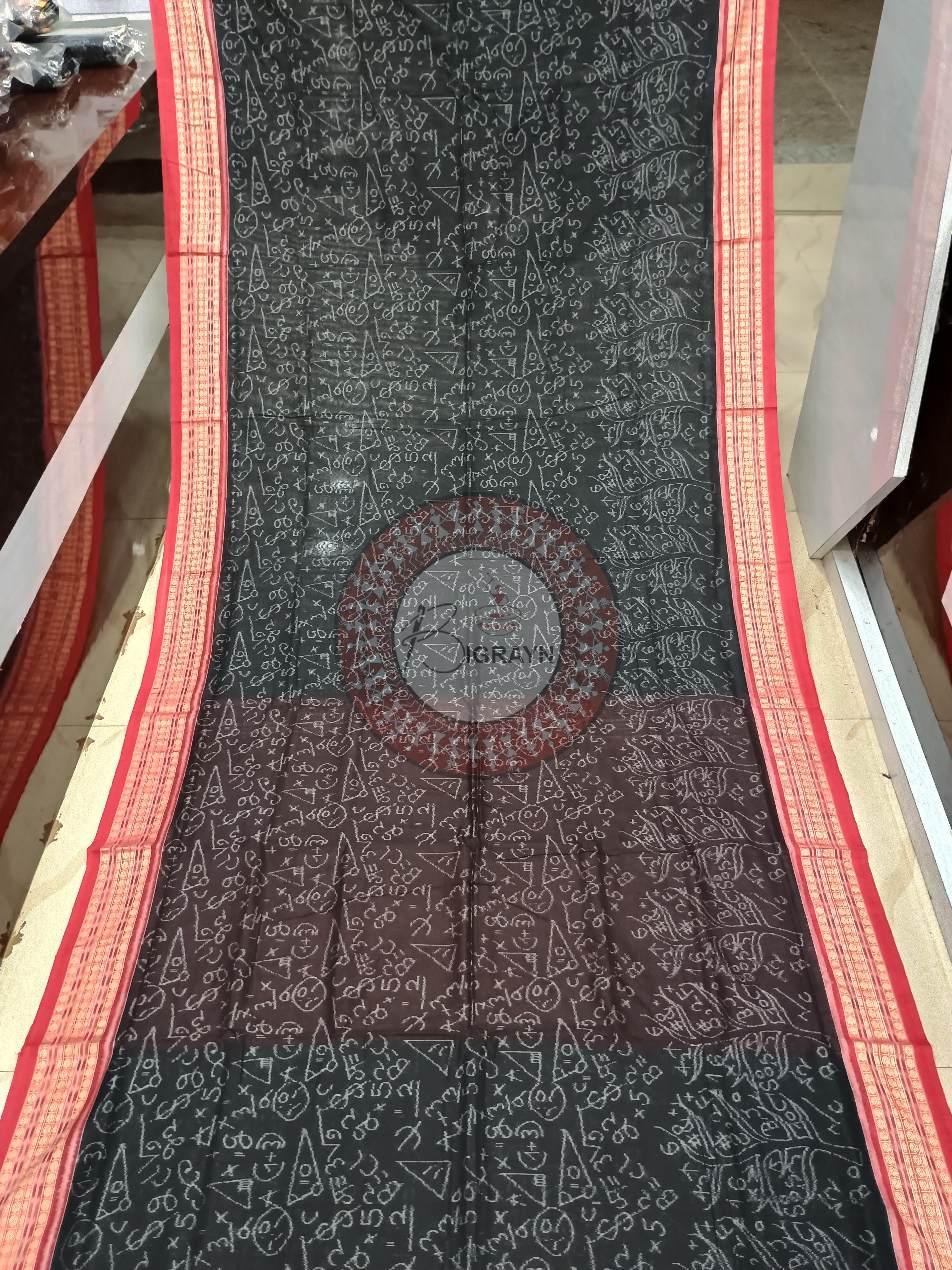 Black Red Mathematical Sambalpuri Cotton Saree