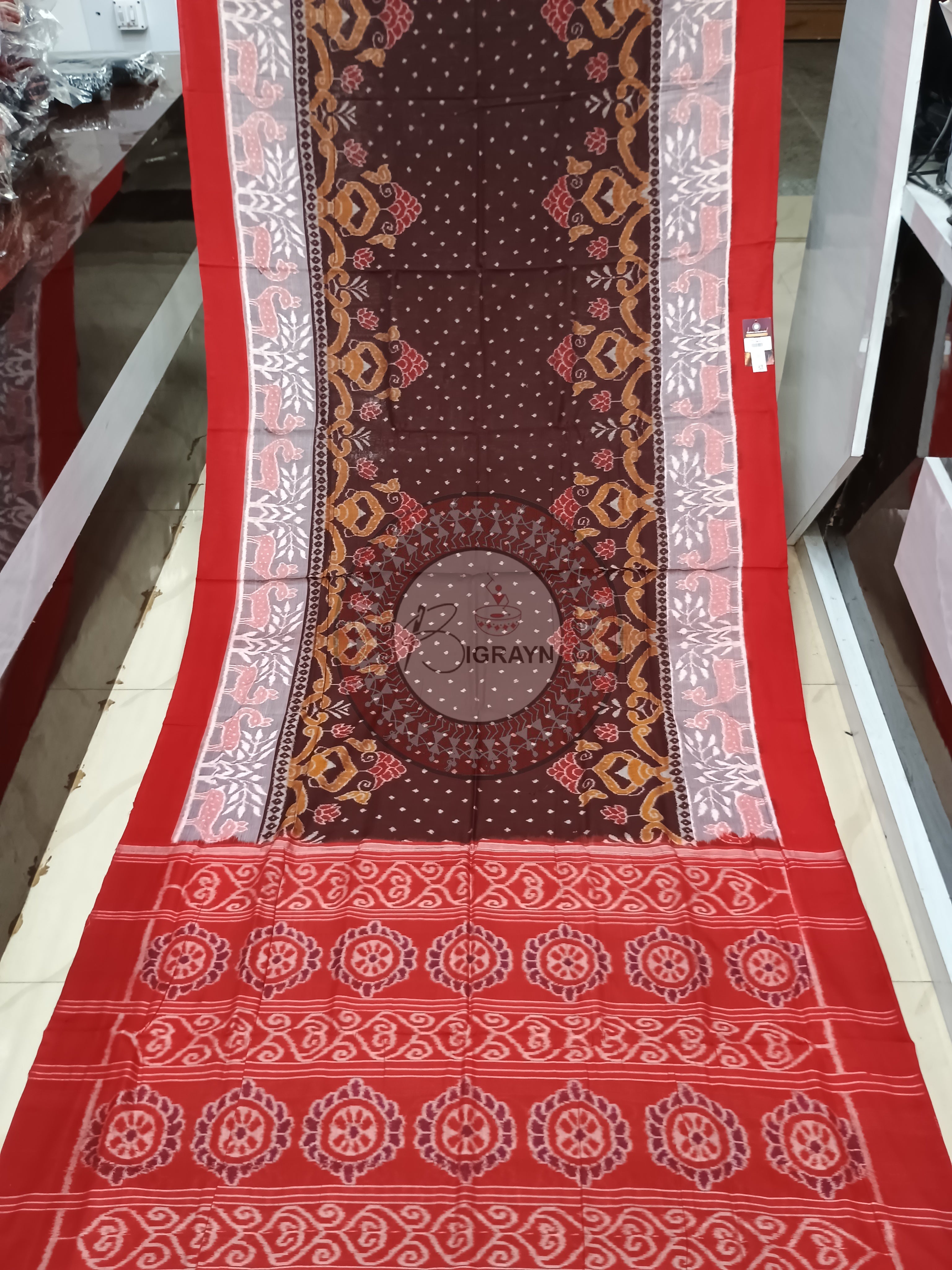 Coffee Off White Red Scot Animal motifs Sambalpuri Cotton Saree