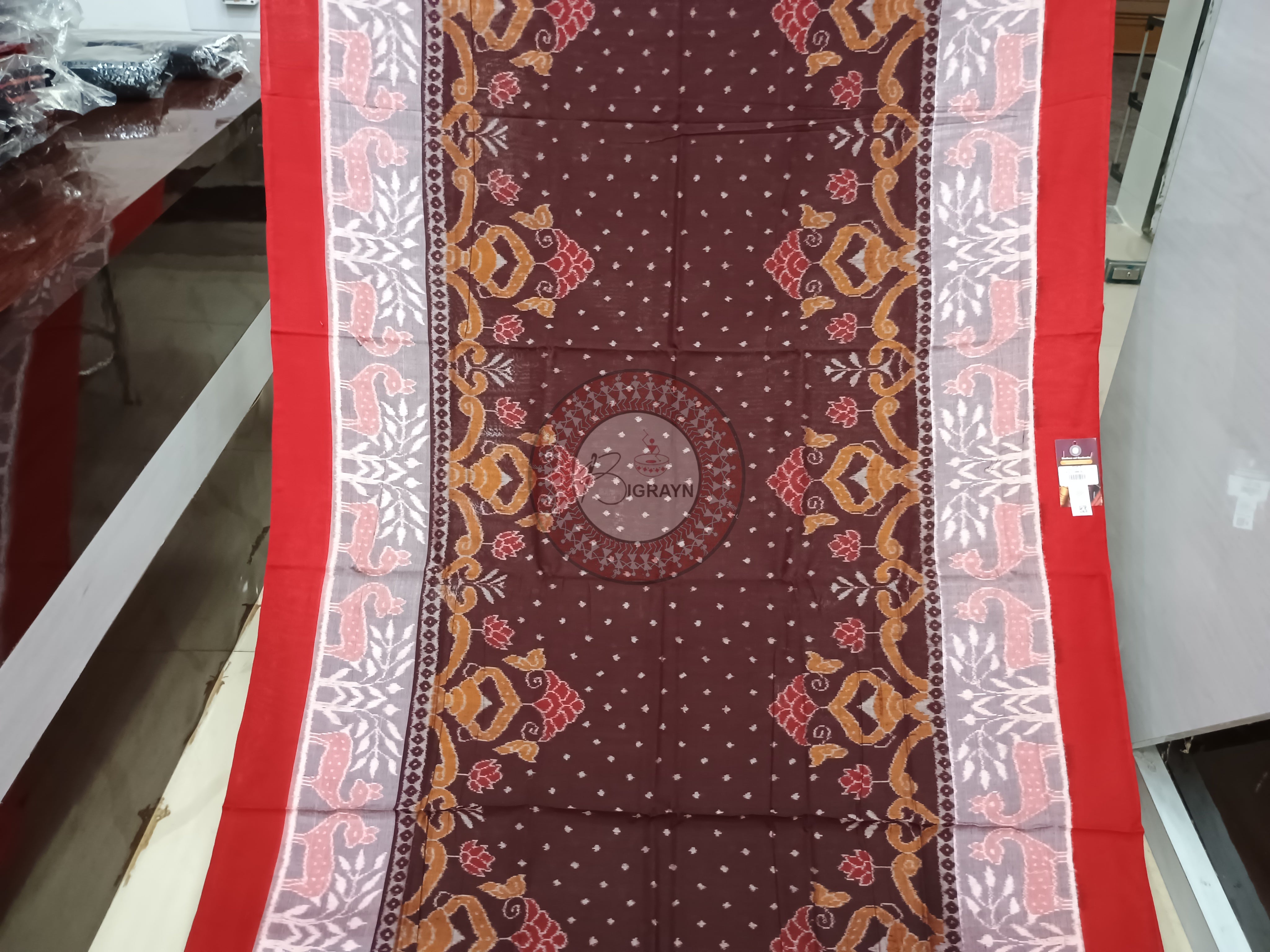 Coffee Off White Red Scot Animal motifs Sambalpuri Cotton Saree