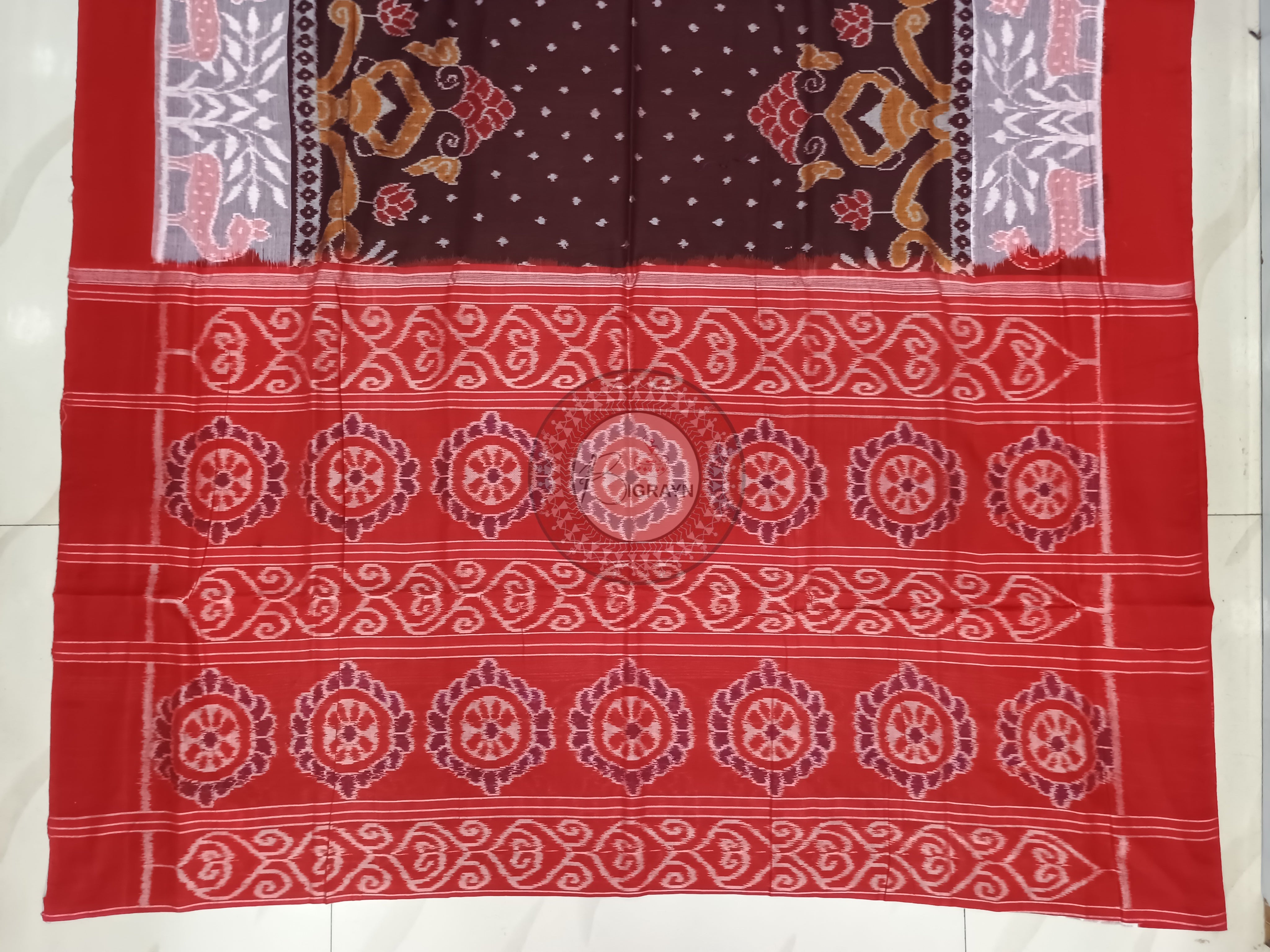 Coffee Off White Red Scot Animal motifs Sambalpuri Cotton Saree
