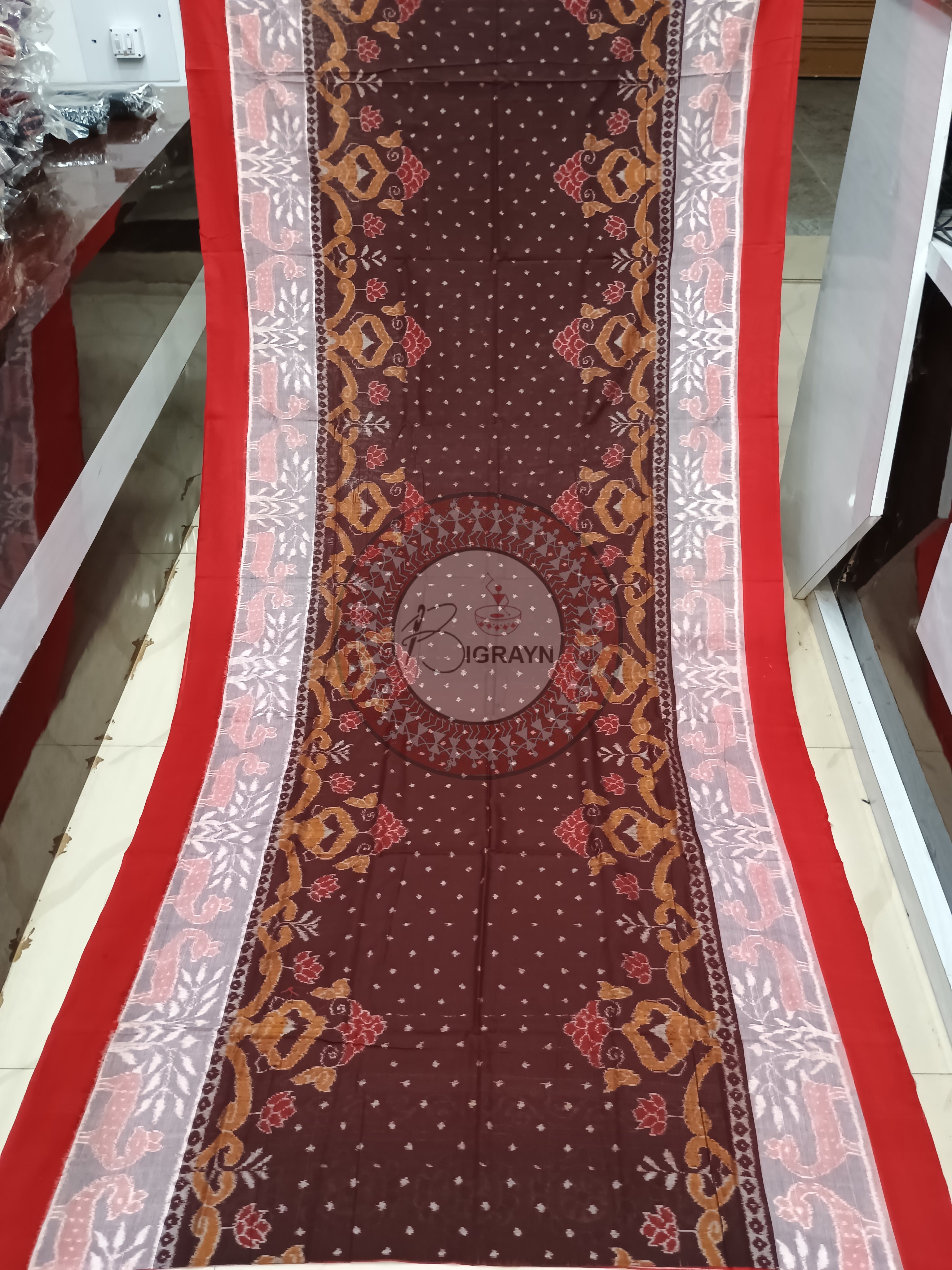 Coffee Off White Red Scot Animal motifs Sambalpuri Cotton Saree