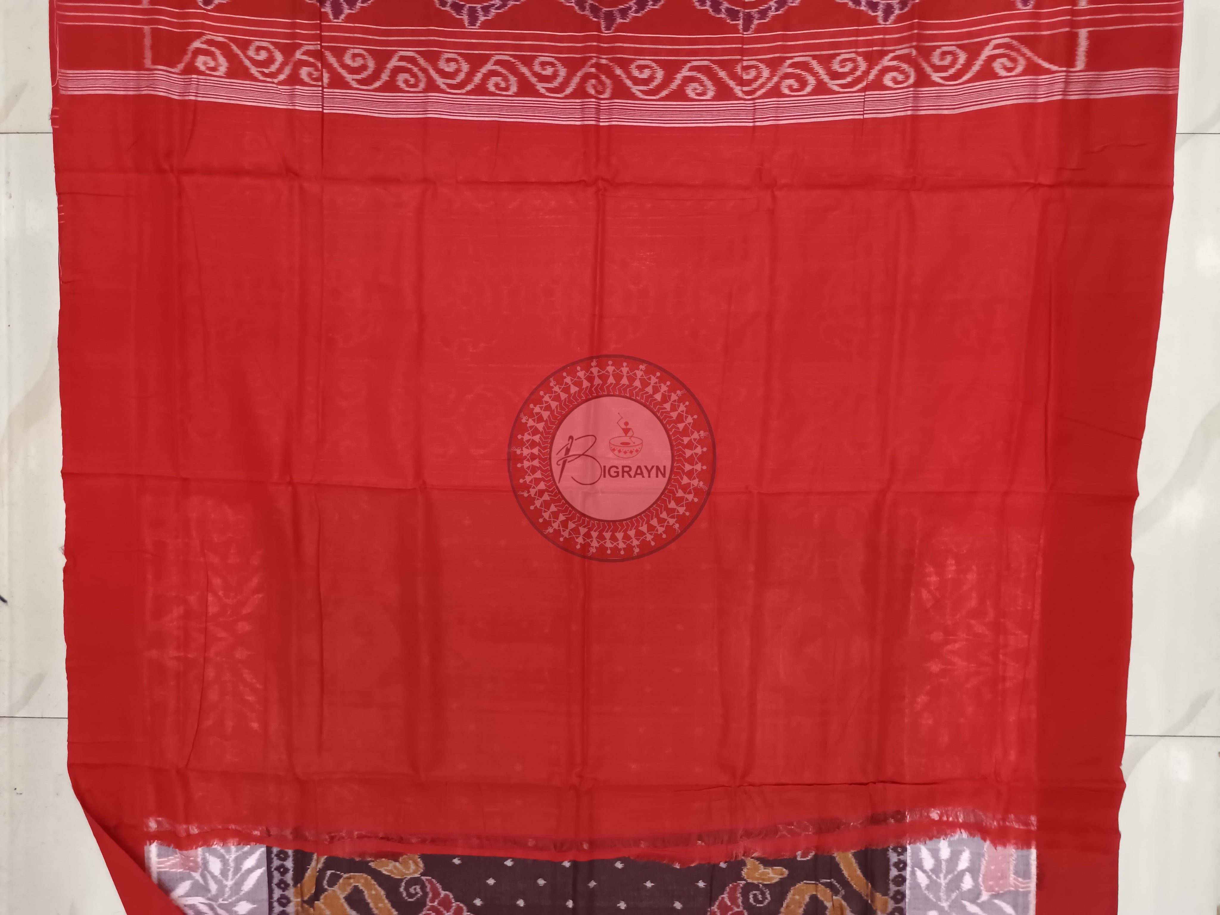 Coffee Off White Red Scot Animal motifs Sambalpuri Cotton Saree