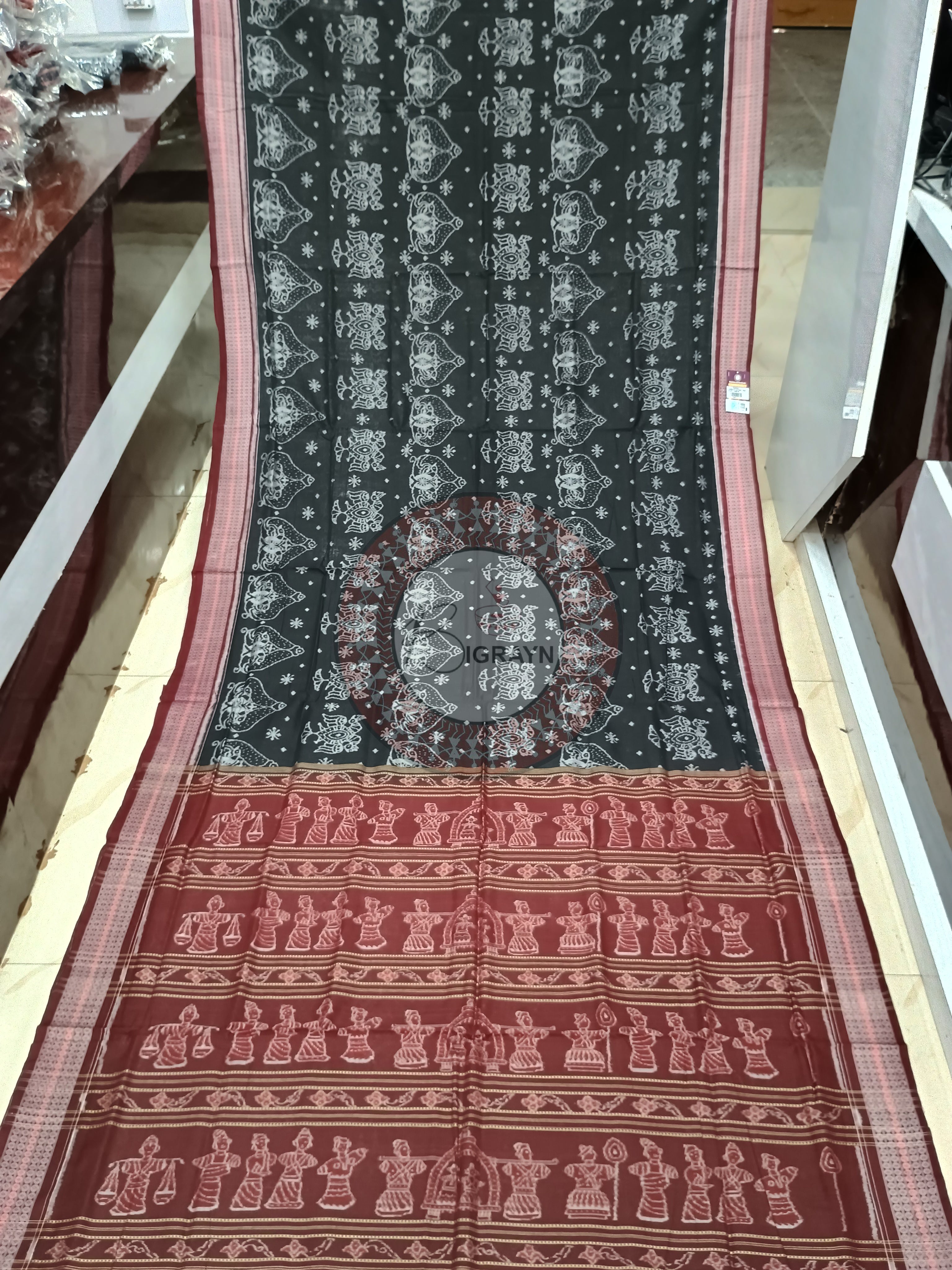 Black Maroon Birds Design Sambalpuri Cotton Saree