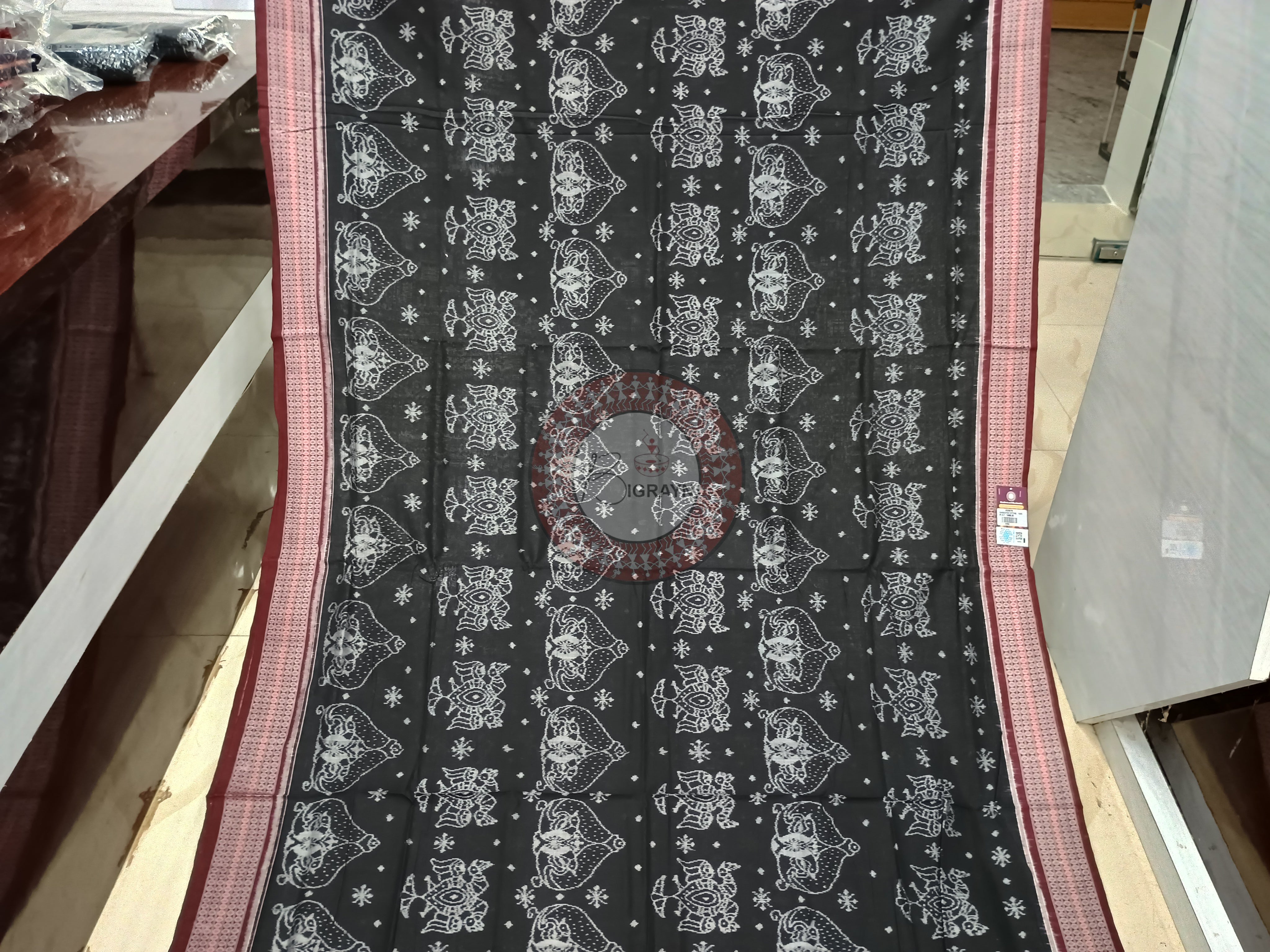 Black Maroon Birds Design Sambalpuri Cotton Saree