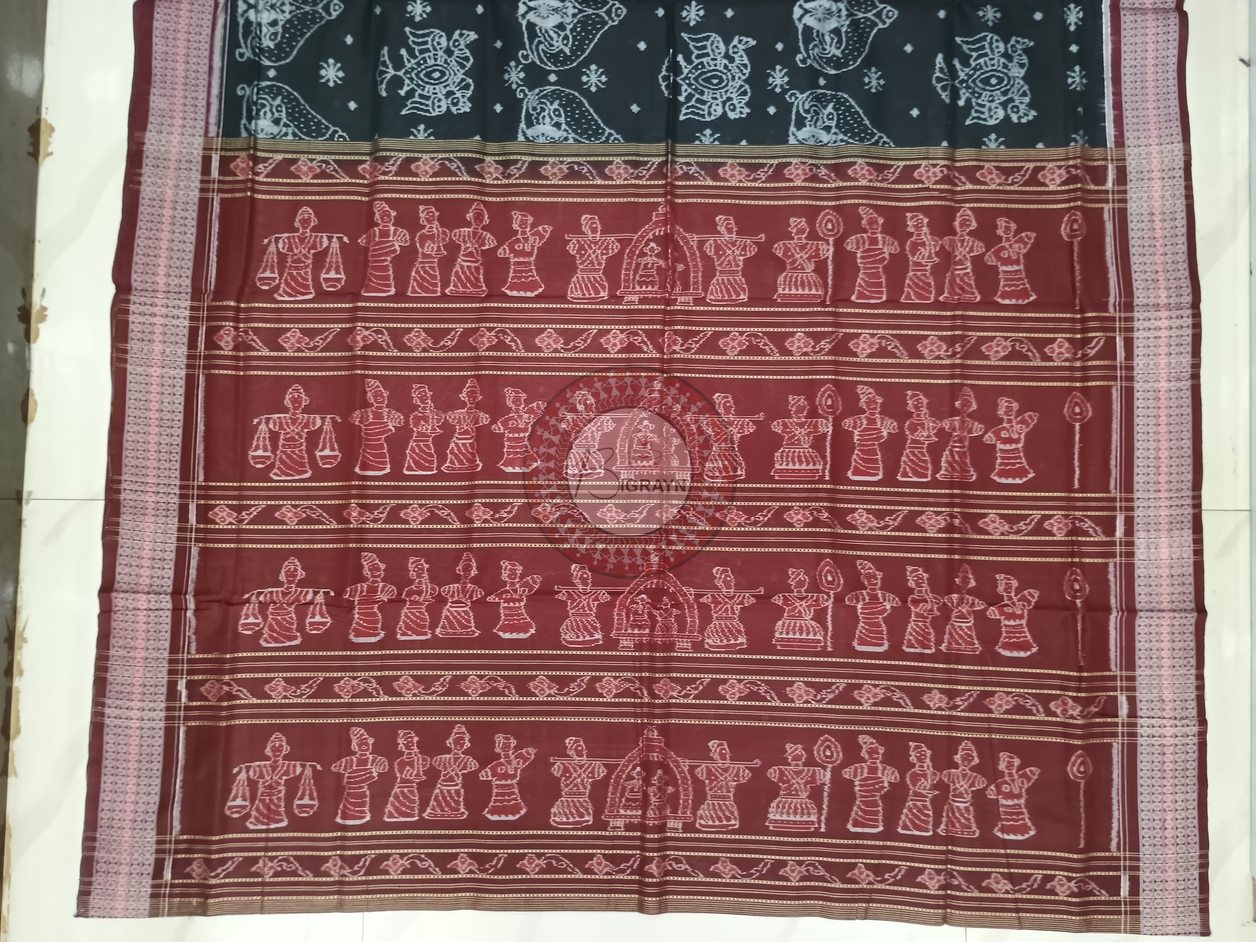 Black Maroon Birds Design Sambalpuri Cotton Saree