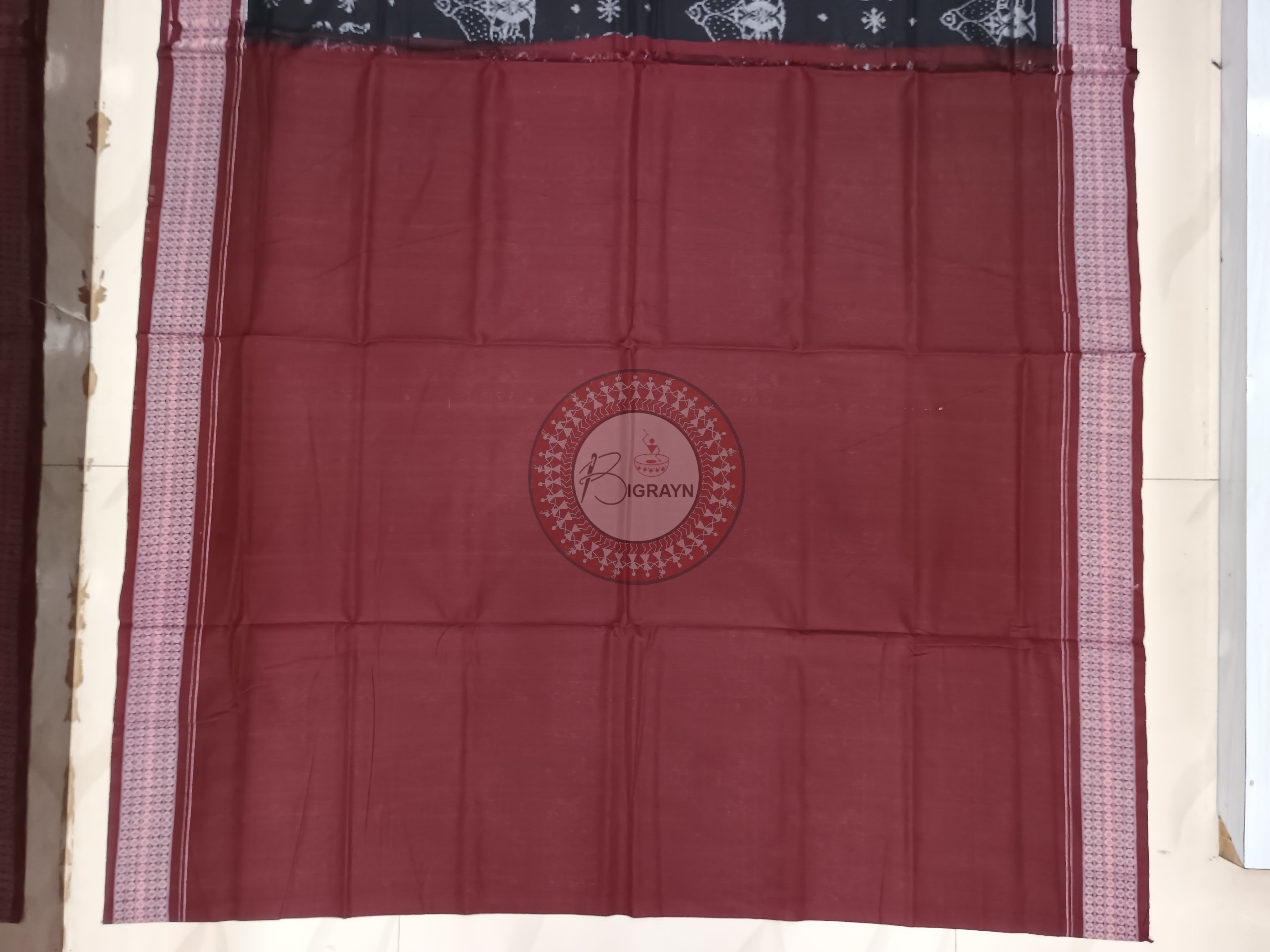 Black Maroon Birds Design Sambalpuri Cotton Saree