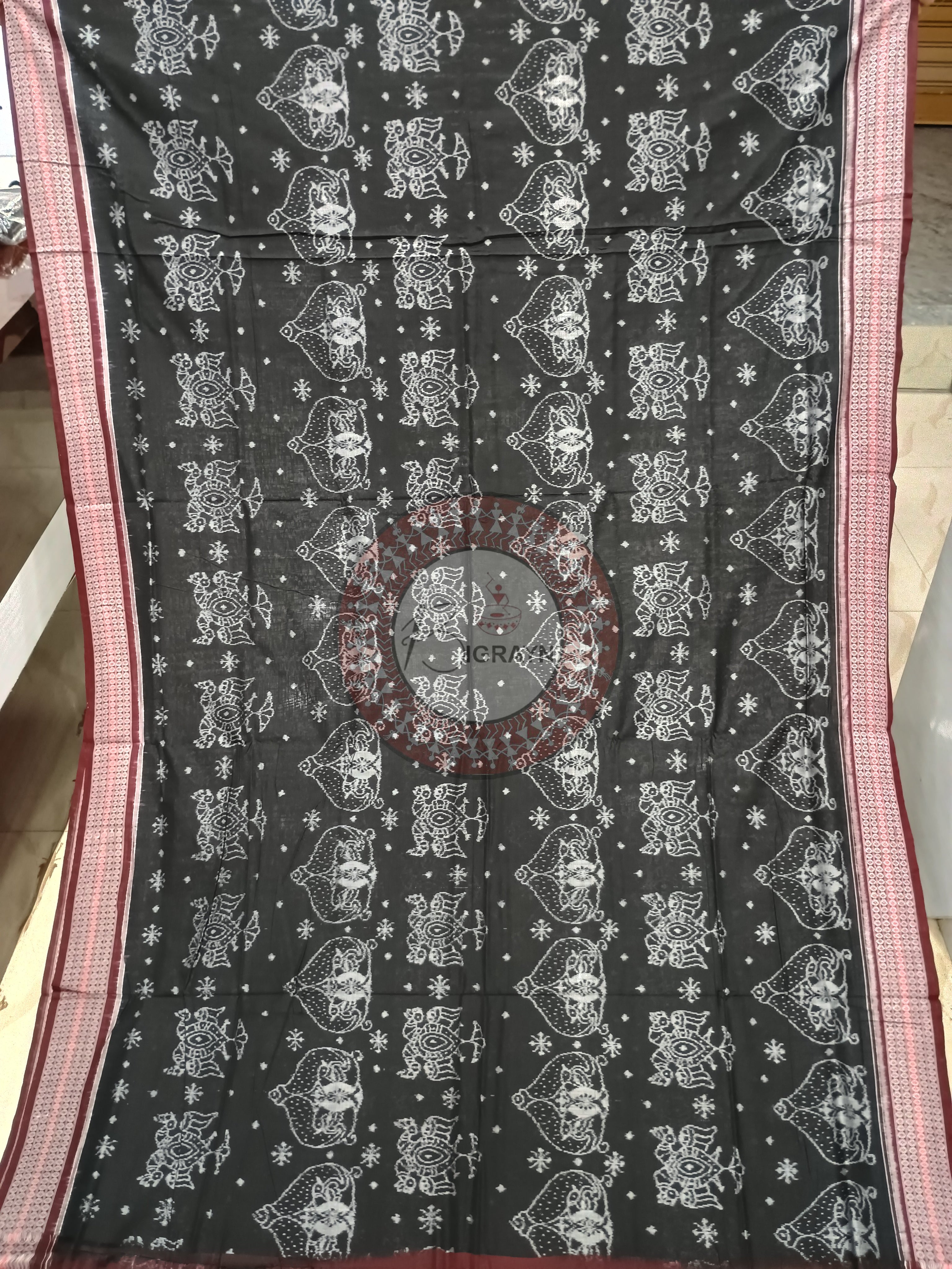 Black Maroon Birds Design Sambalpuri Cotton Saree