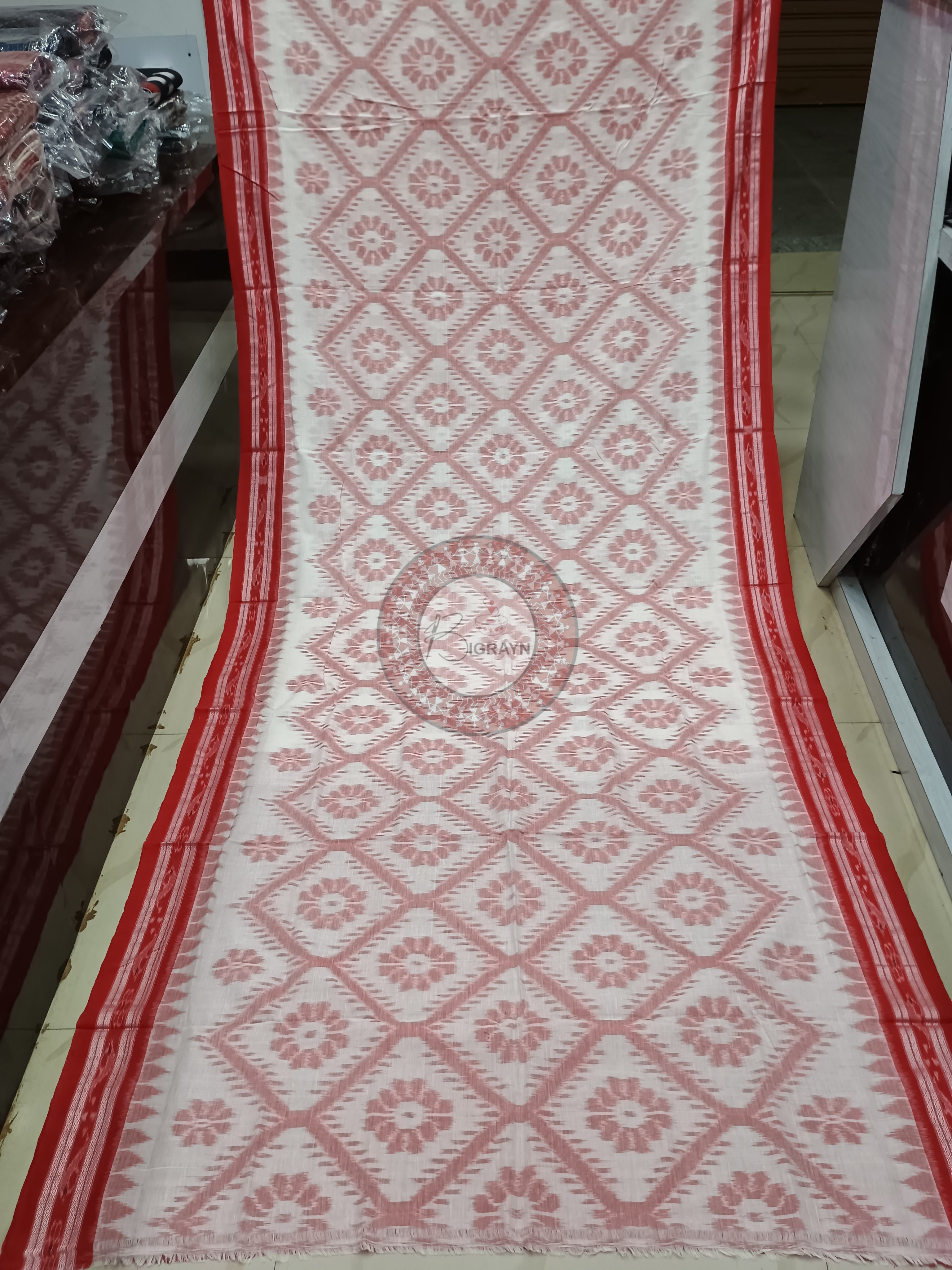 White Red Flower Design Odisha Handloom Sambalpuri Cotton Saree