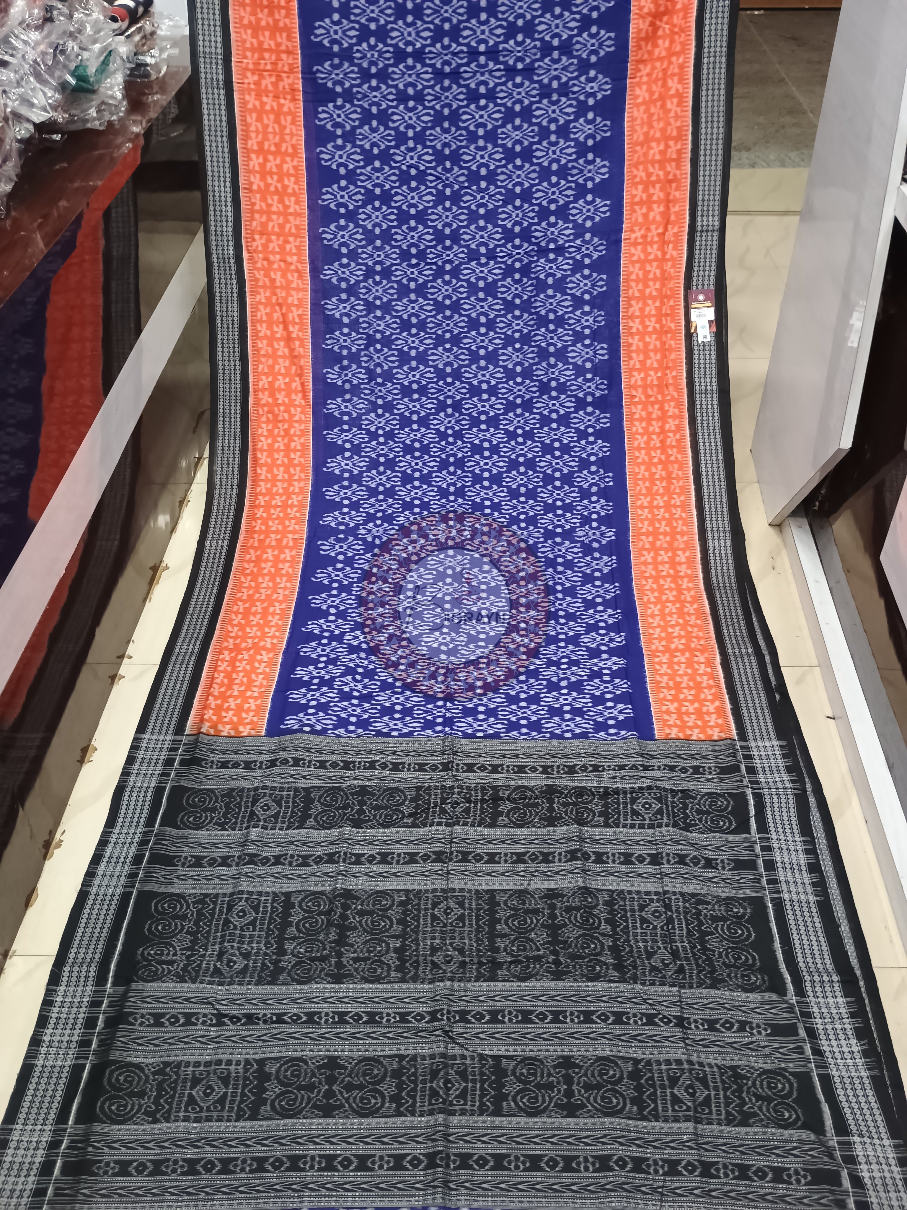 Blue Orange Black Flower Odisha Handloom Sambalpuri Cotton Saree
