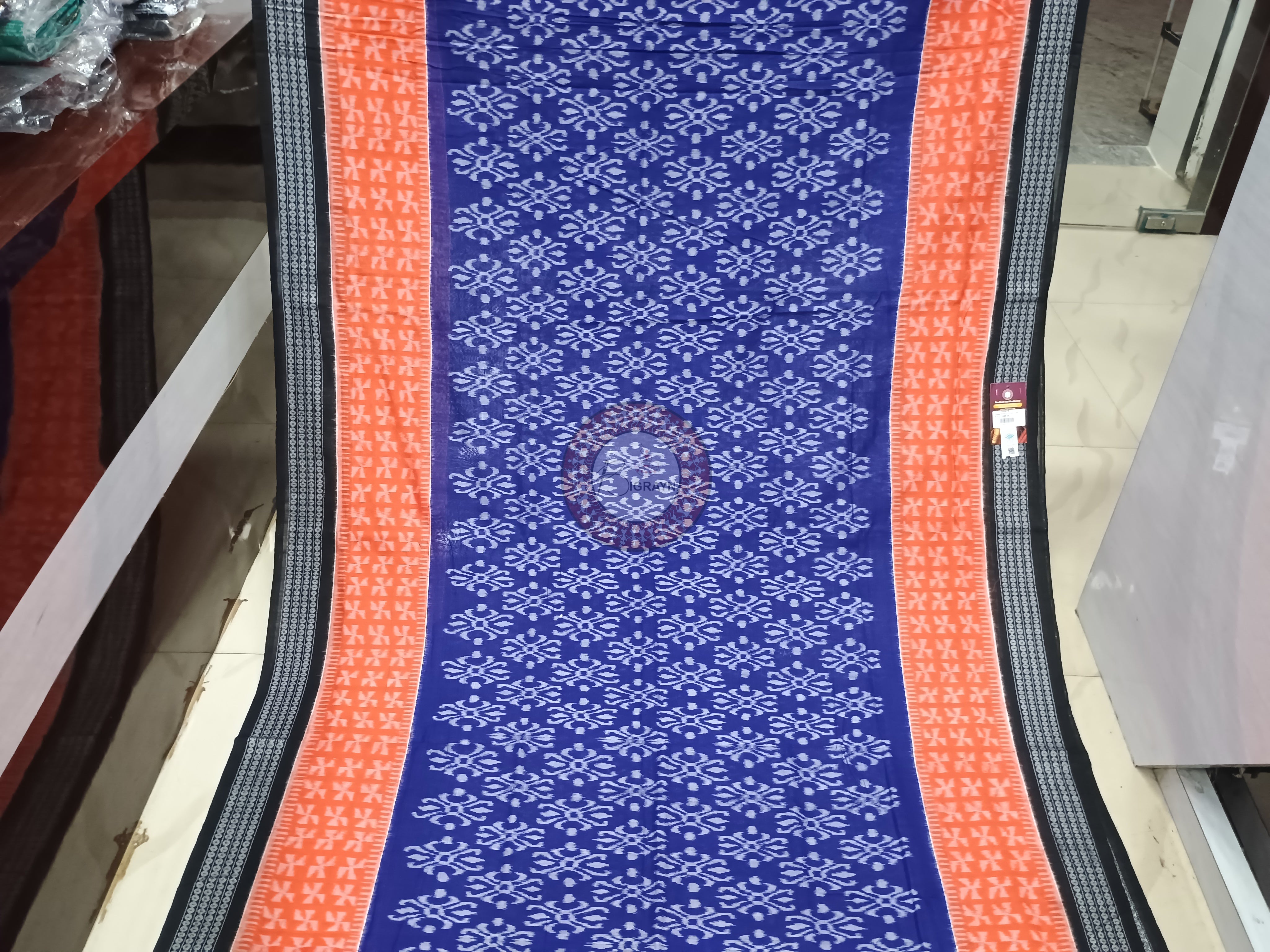 Blue Orange Black Flower Odisha Handloom Sambalpuri Cotton Saree