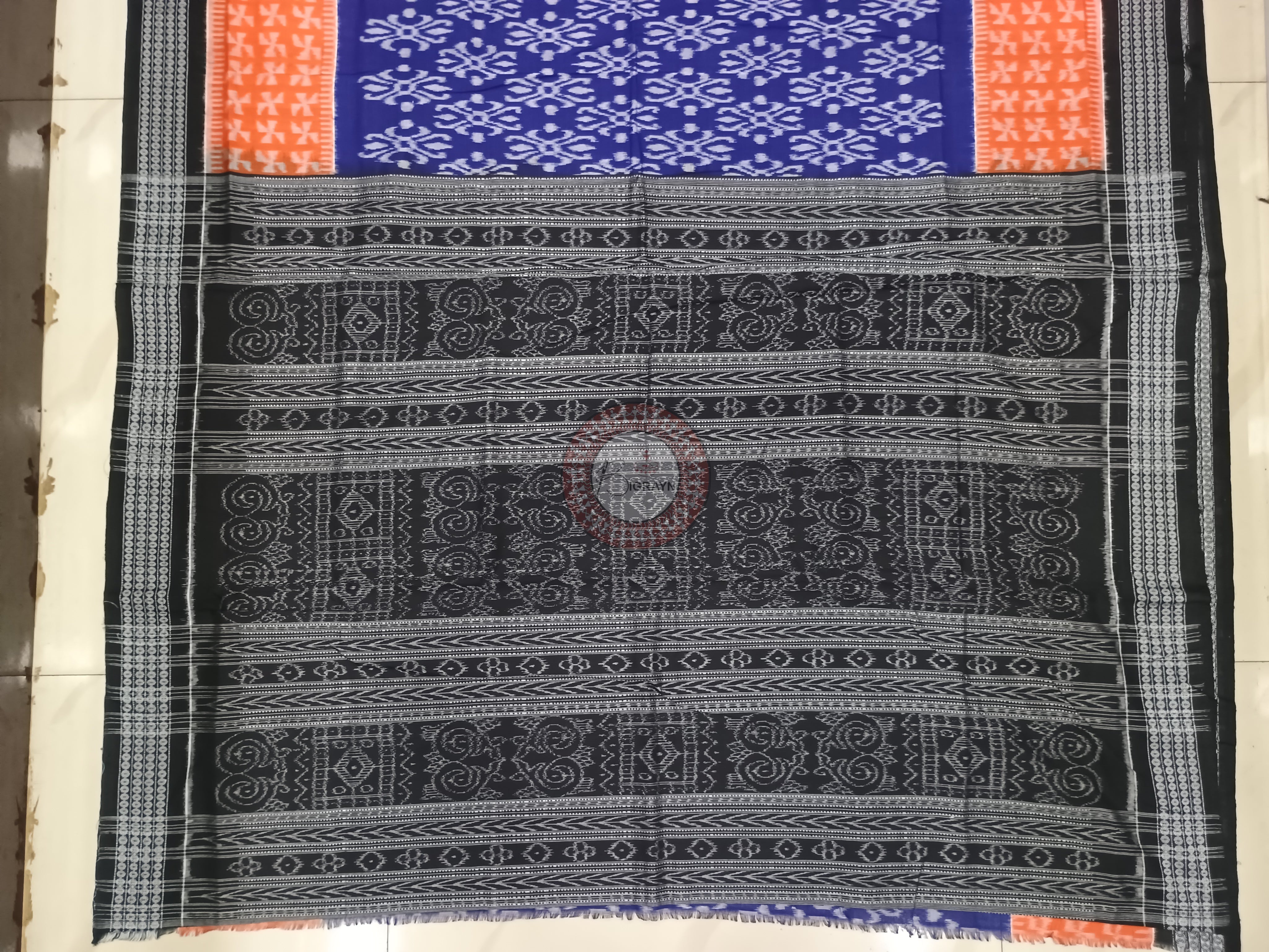Blue Orange Black Flower Odisha Handloom Sambalpuri Cotton Saree
