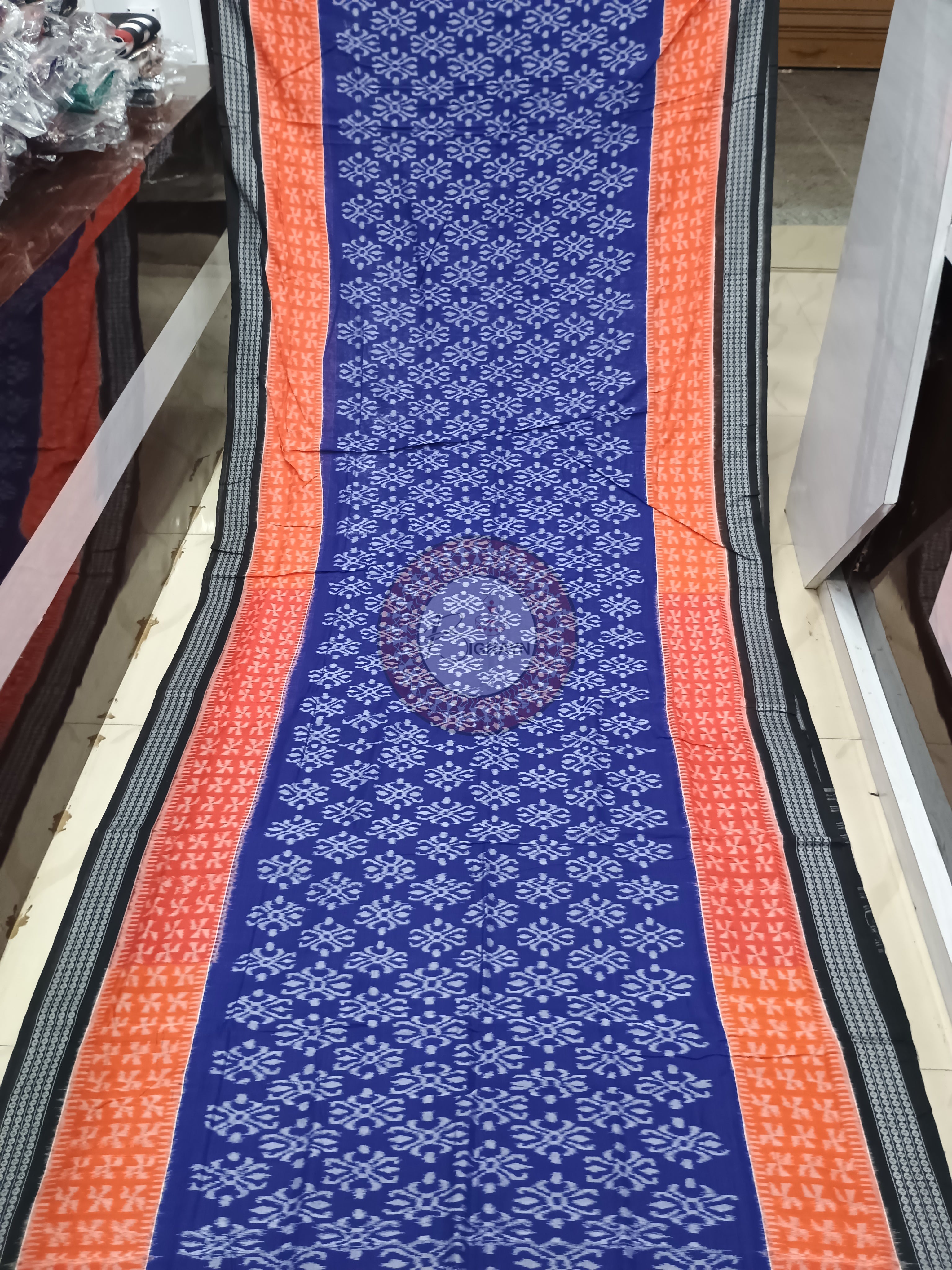 Blue Orange Black Flower Odisha Handloom Sambalpuri Cotton Saree