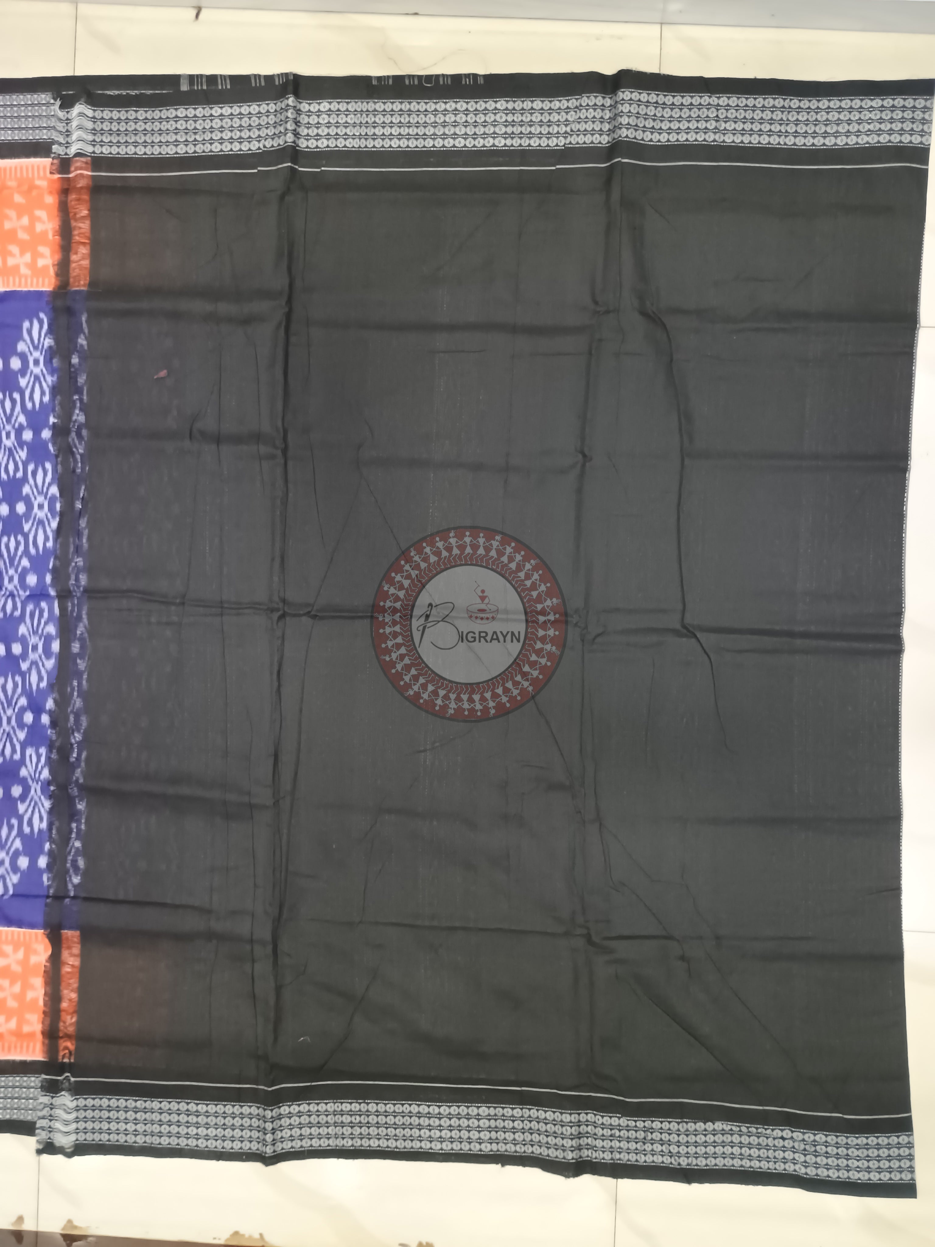 Blue Orange Black Flower Odisha Handloom Sambalpuri Cotton Saree