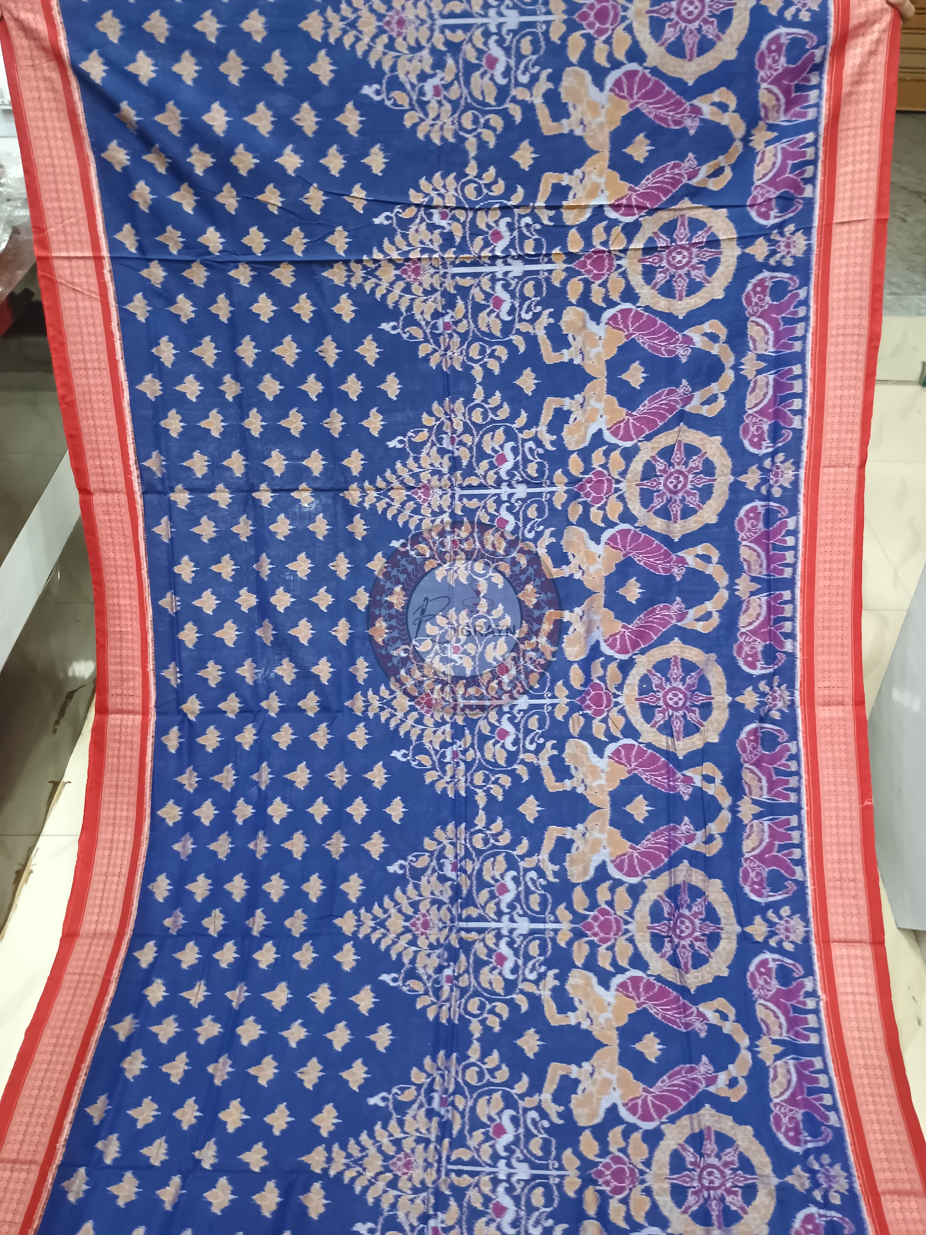 Blue Red Scot Dancer Odisha Handloom Sambalpuri Cotton Saree