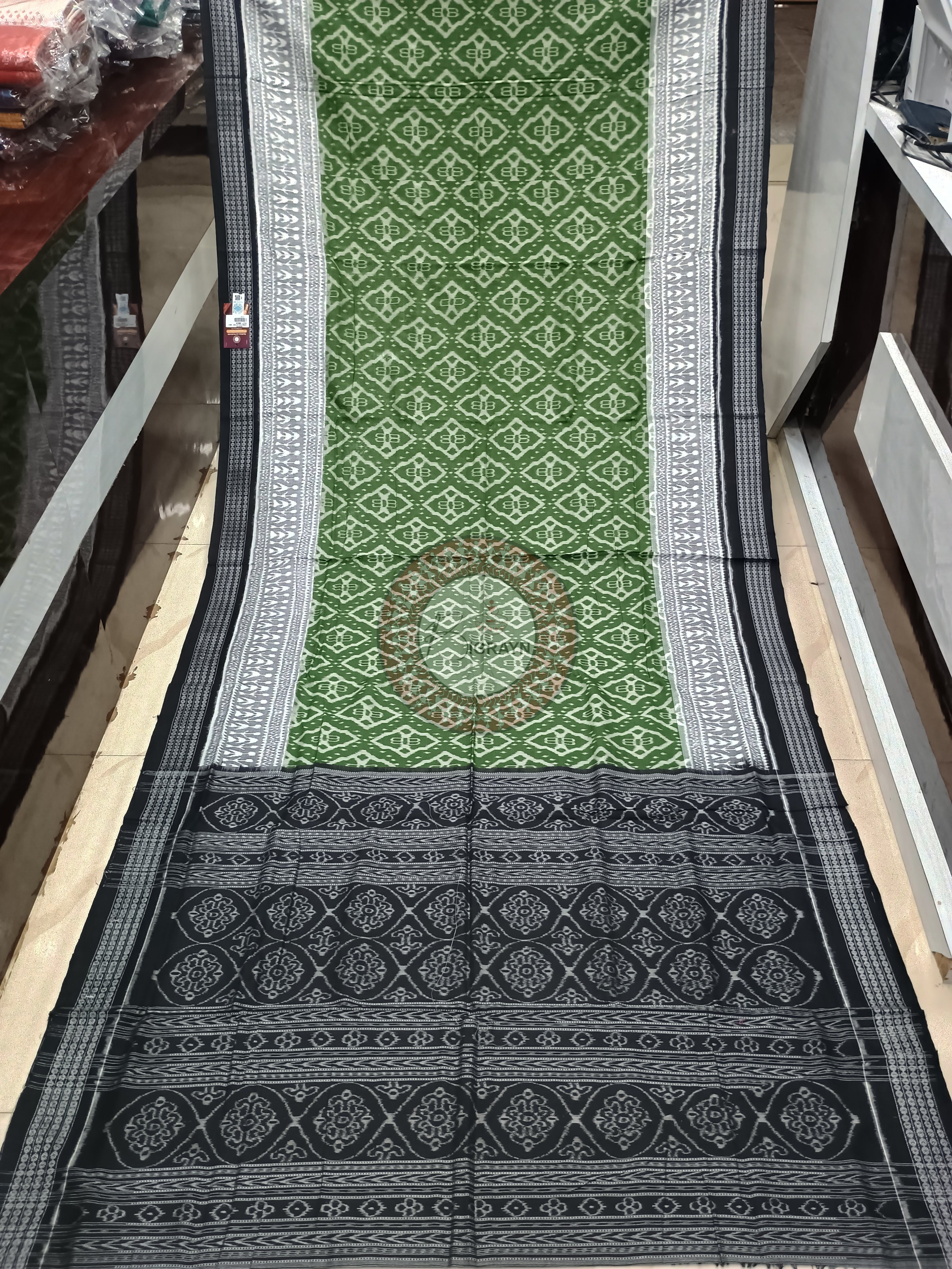 Mehendi Green Black Ikat Odisha Handloom Sambalpuri Cotton Saree