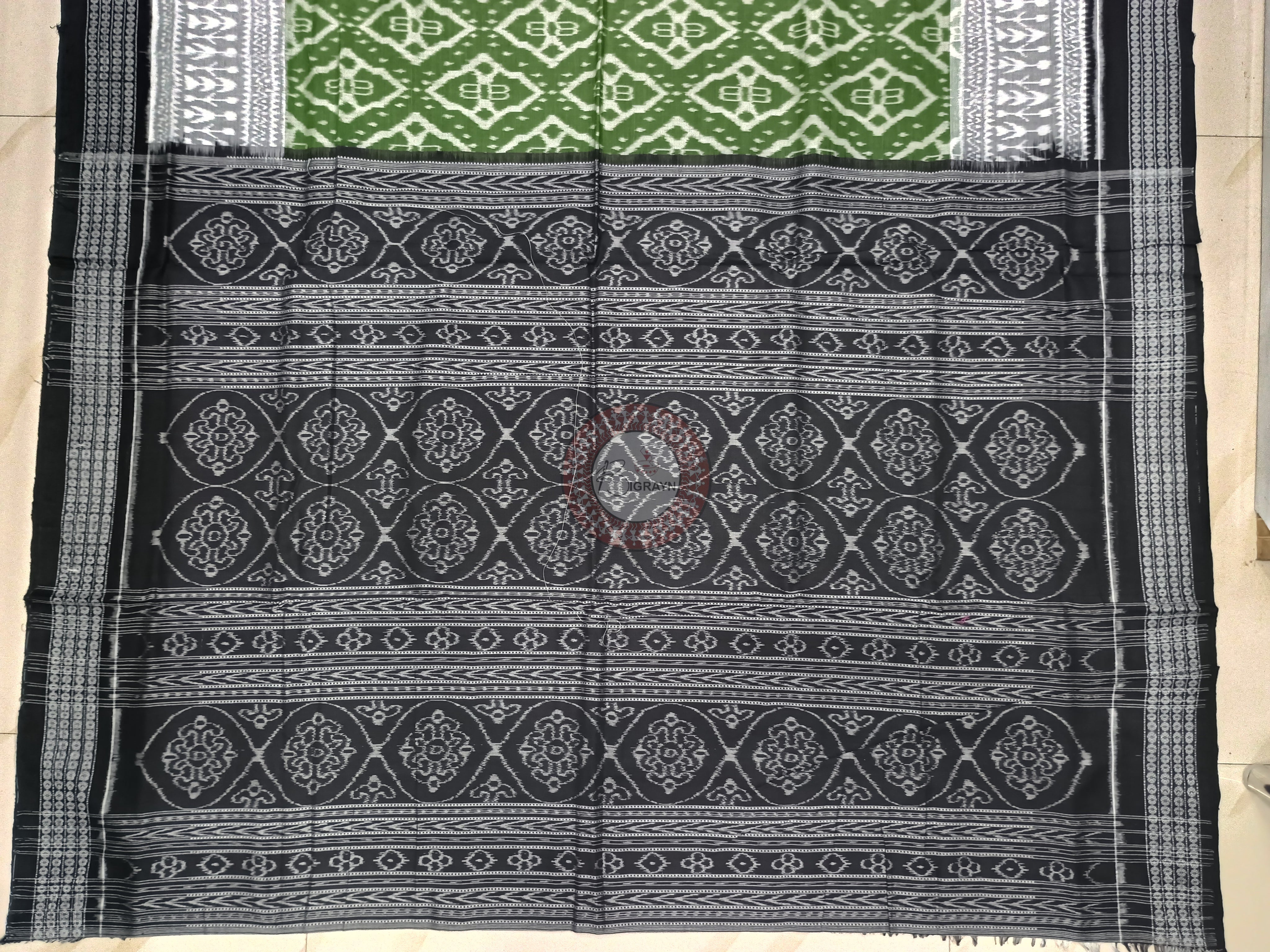 Mehendi Green Black Ikat Odisha Handloom Sambalpuri Cotton Saree