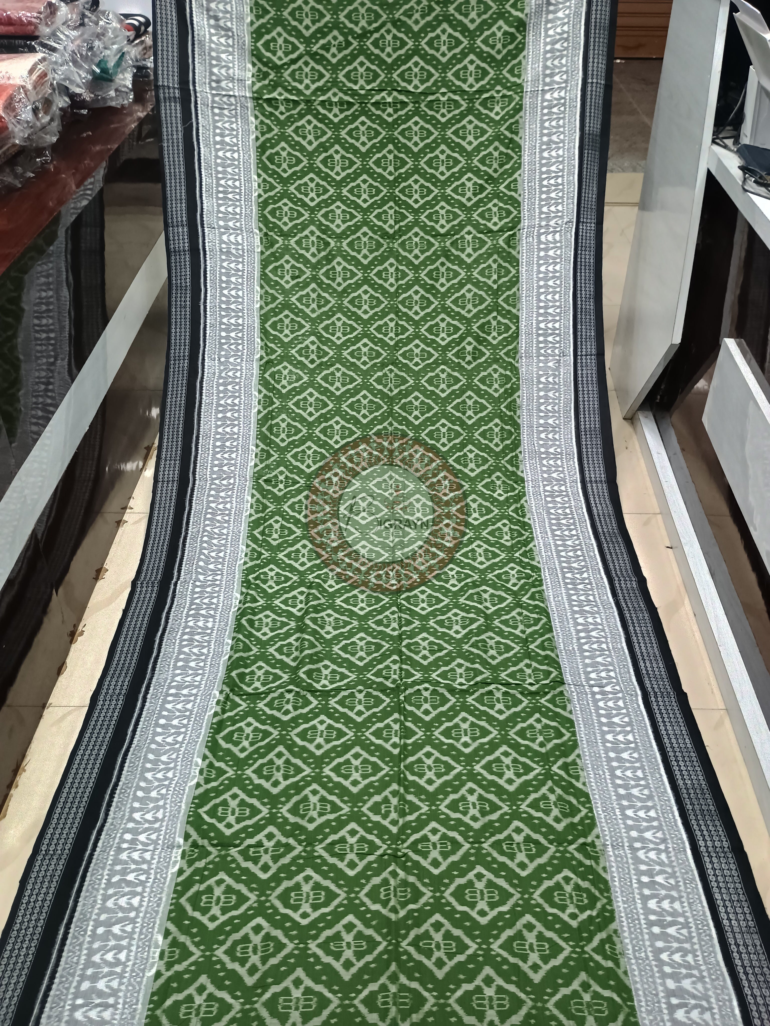 Mehendi Green Black Ikat Odisha Handloom Sambalpuri Cotton Saree