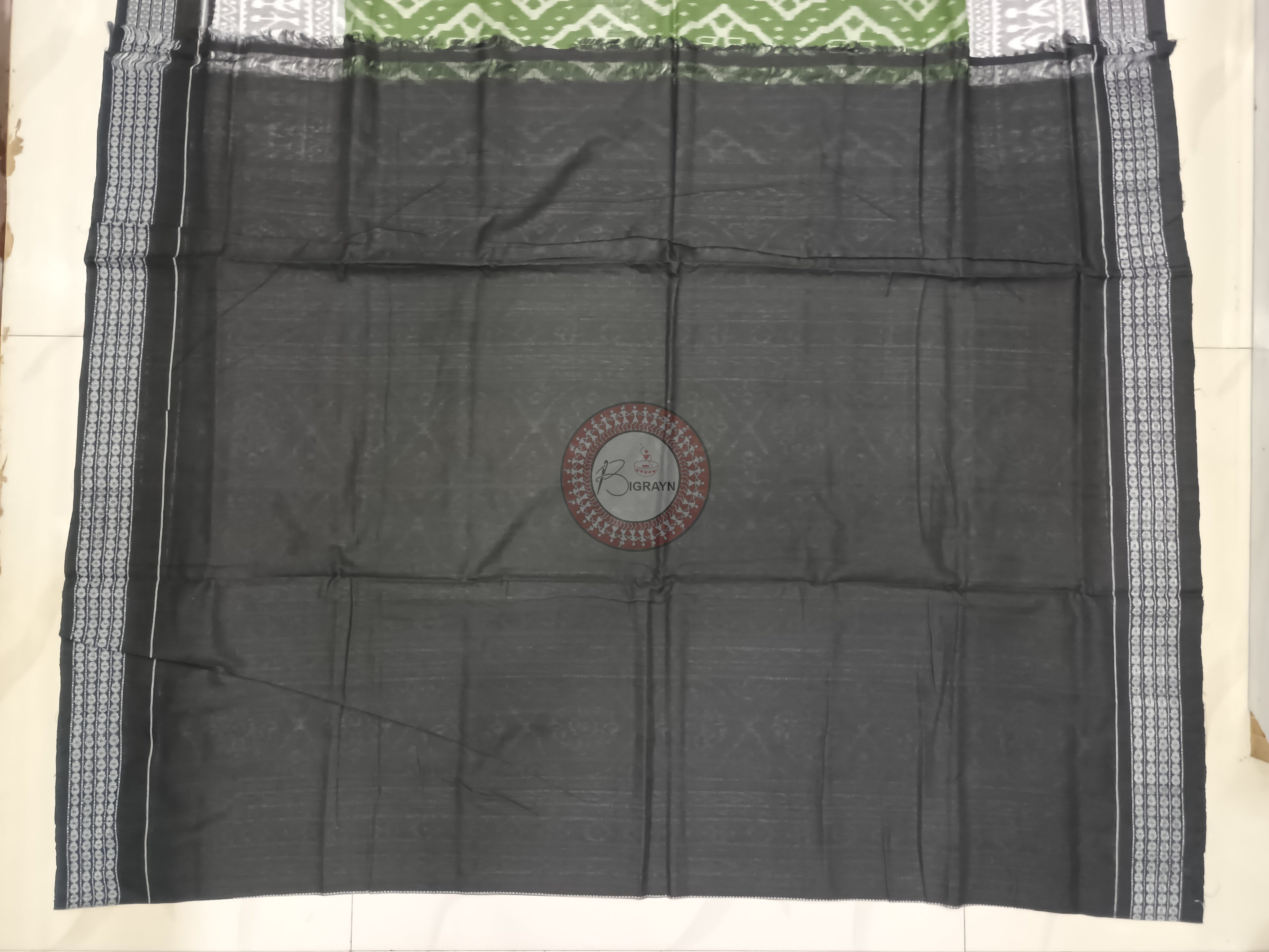 Mehendi Green Black Ikat Odisha Handloom Sambalpuri Cotton Saree