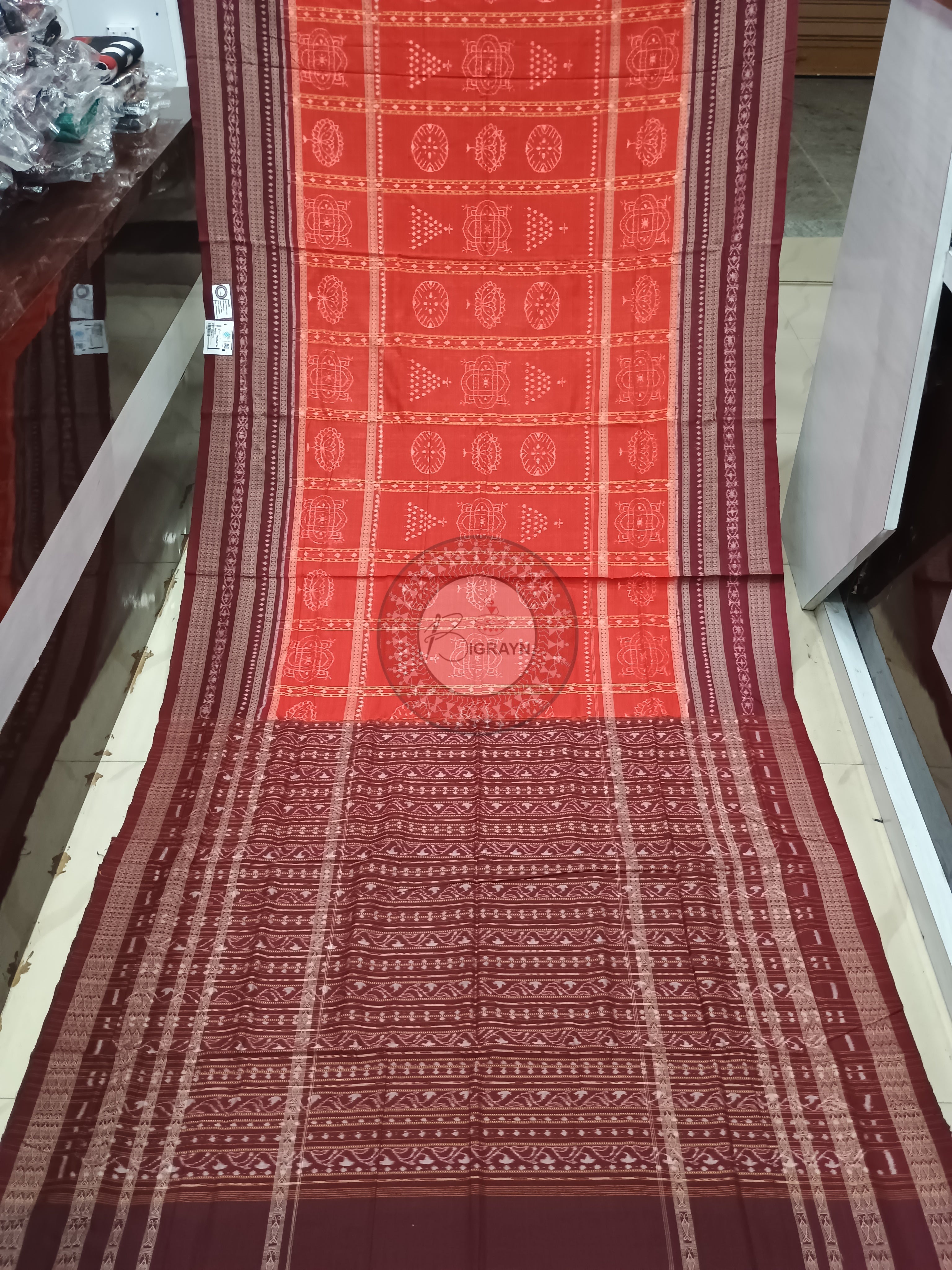 Orange Red Jhoti Design Odisha Handloom Sambalpuri Cotton Saree