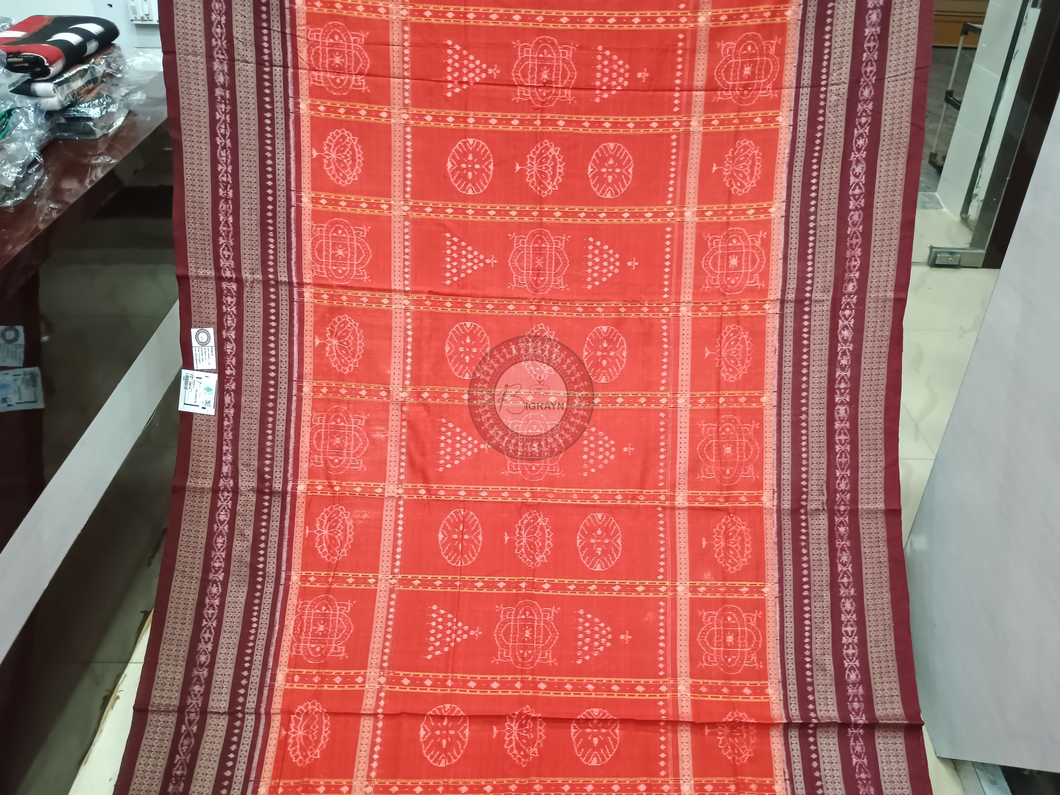 Orange Red Jhoti Design Odisha Handloom Sambalpuri Cotton Saree