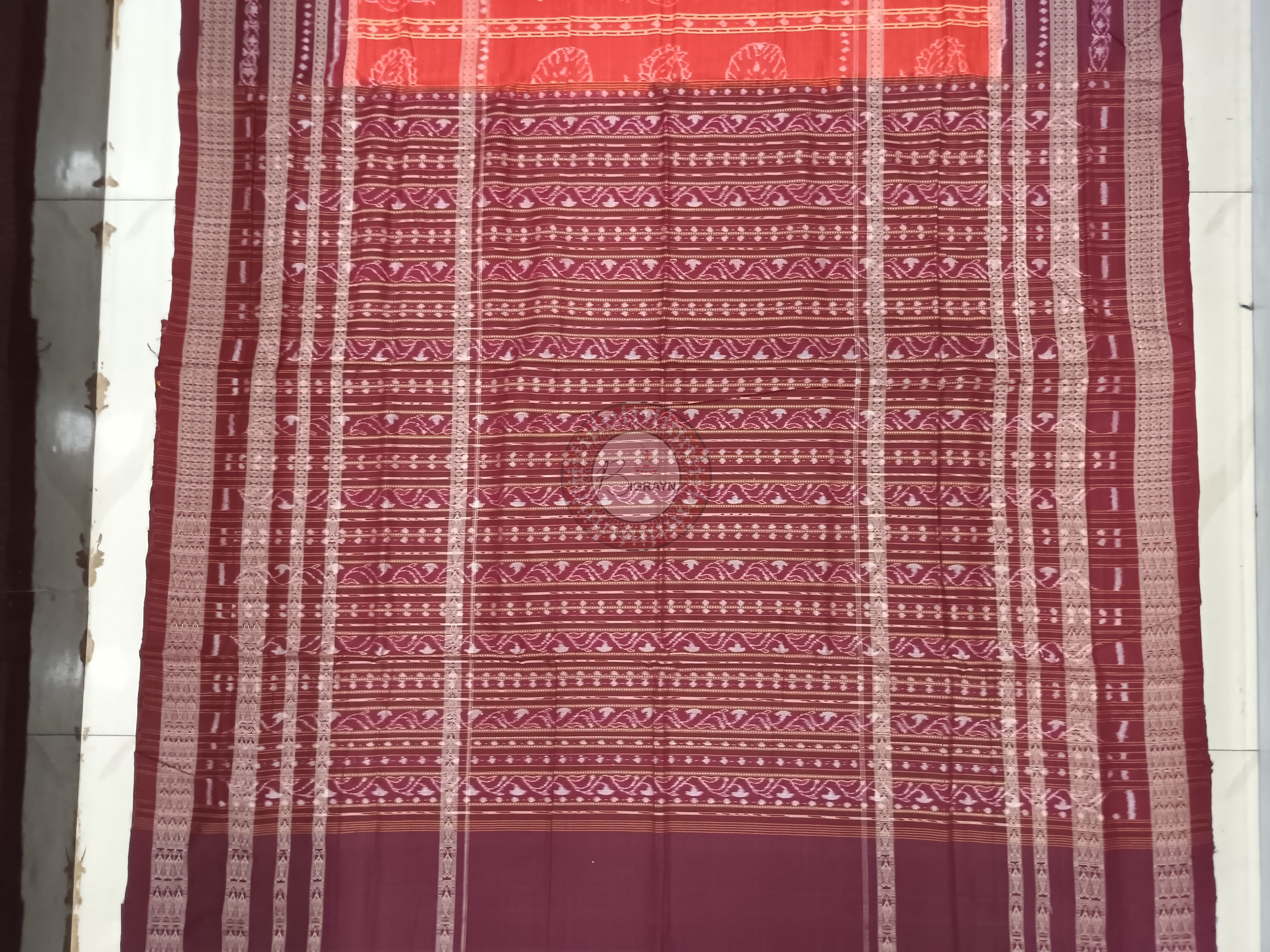 Orange Red Jhoti Design Odisha Handloom Sambalpuri Cotton Saree