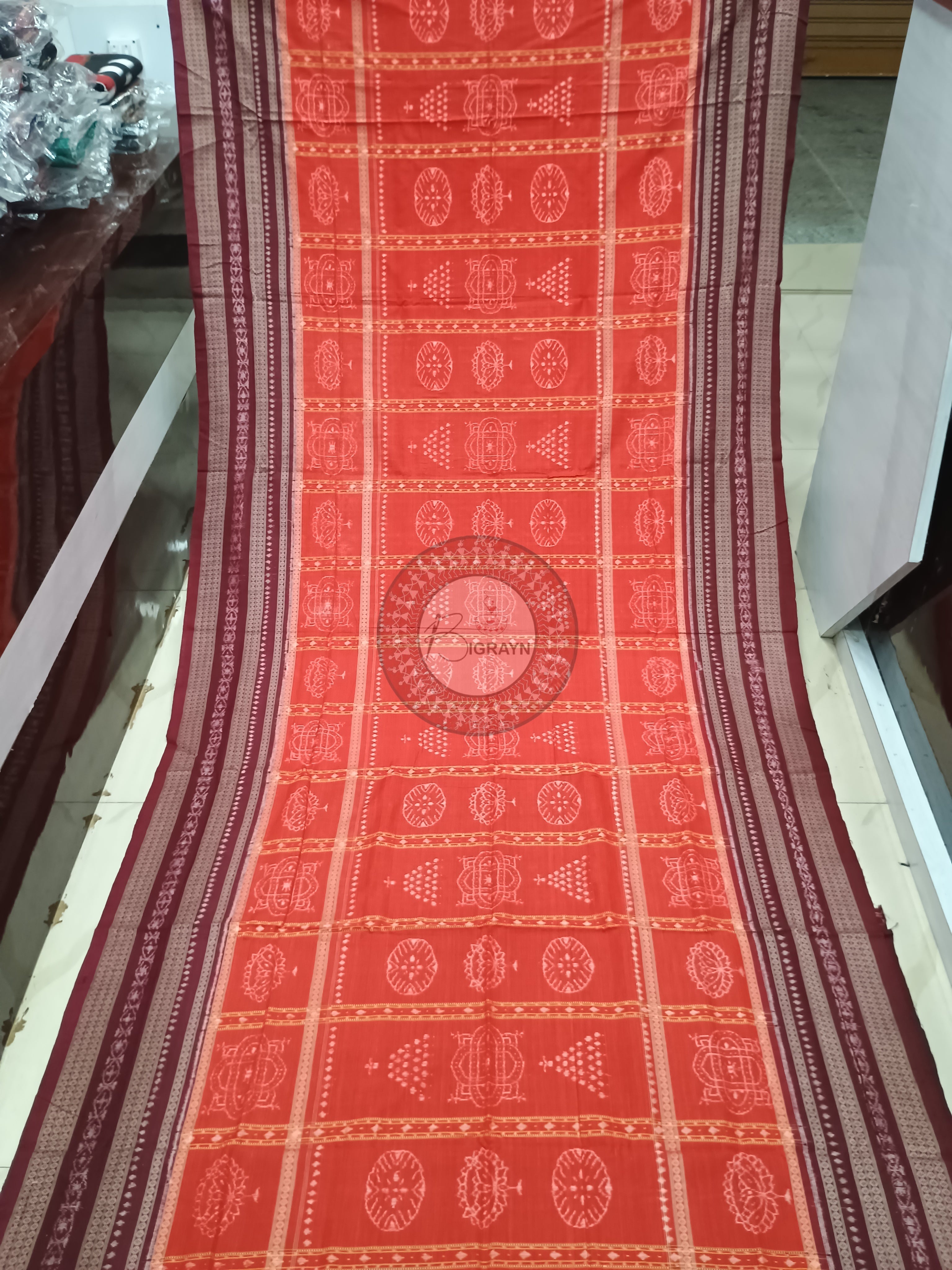 Orange Red Jhoti Design Odisha Handloom Sambalpuri Cotton Saree