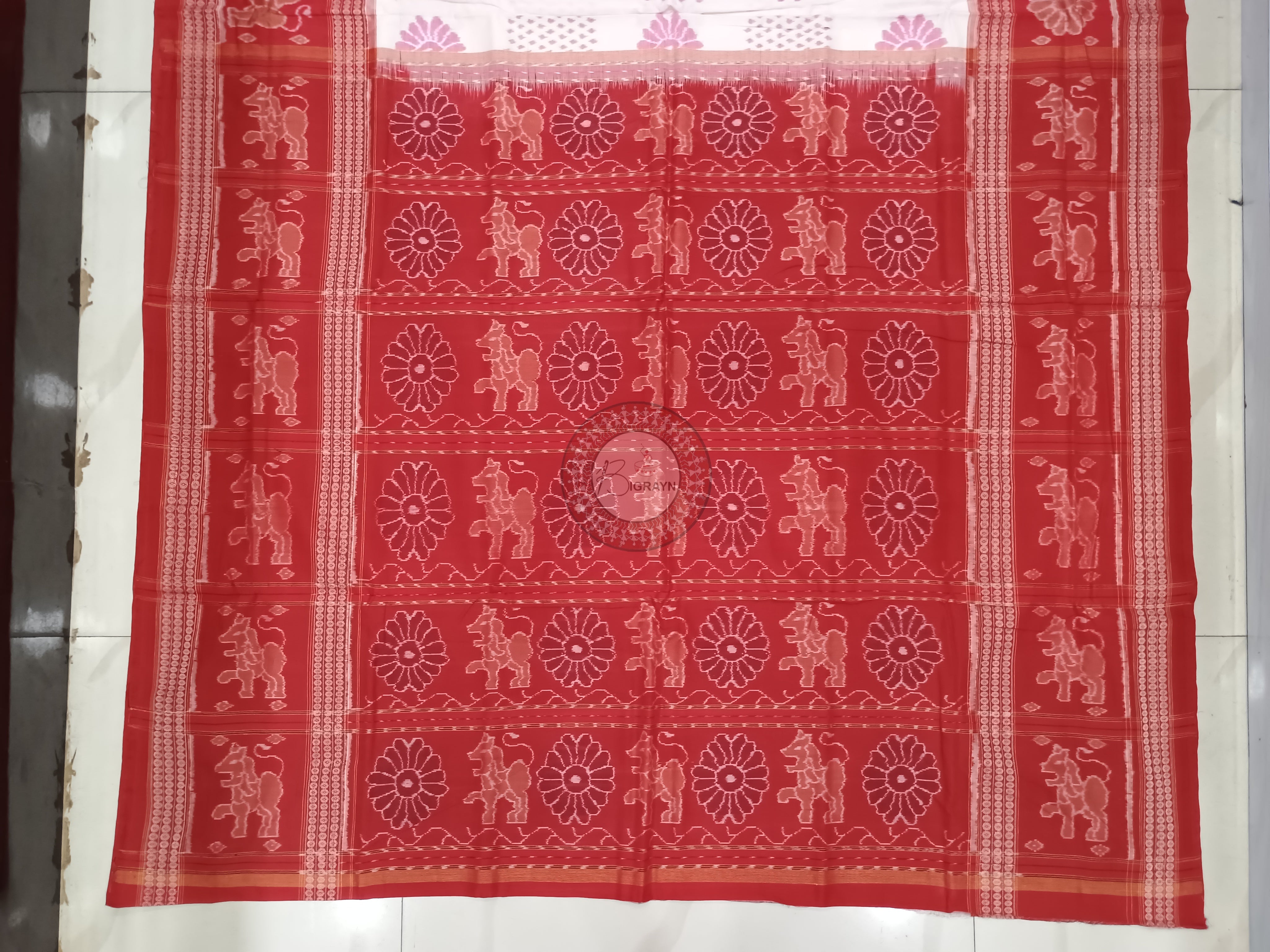 White Red Flower Design Odisha Handloom Sambalpuri Cotton Saree