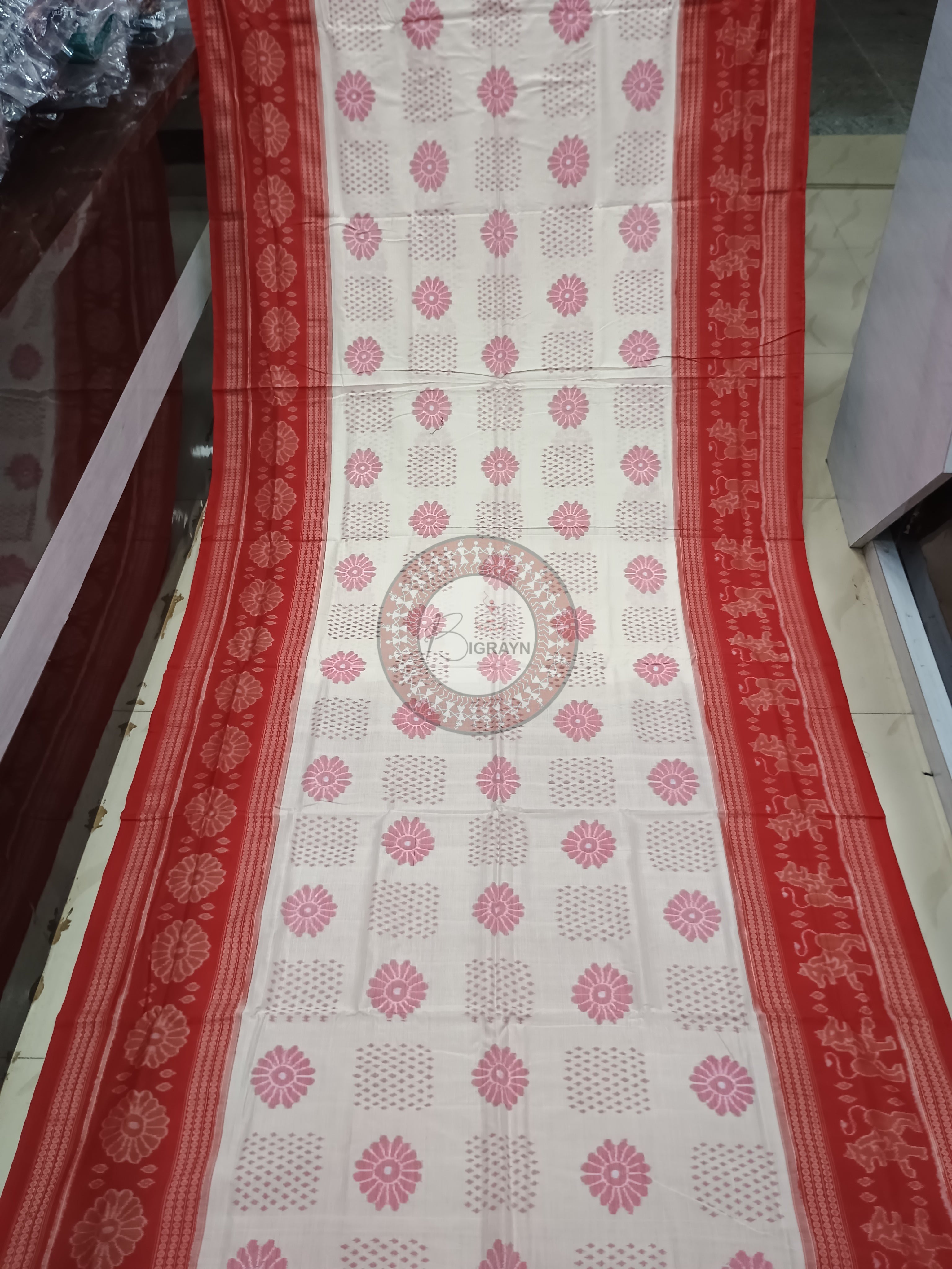 White Red Flower Design Odisha Handloom Sambalpuri Cotton Saree