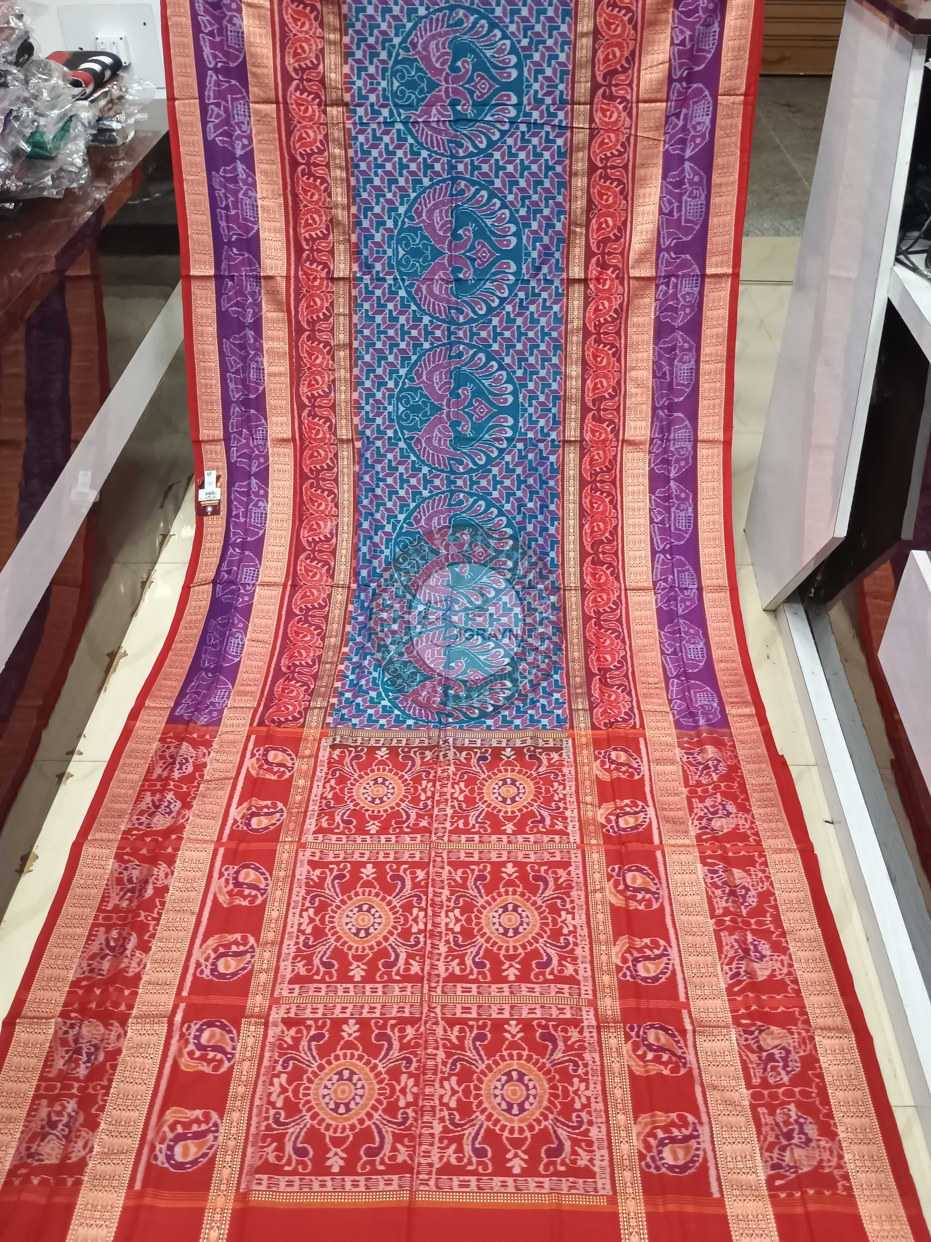 Blue Red Purple Peacock And Scot Elephant Design Odisha Handloom Sambalpuri Cotton Saree
