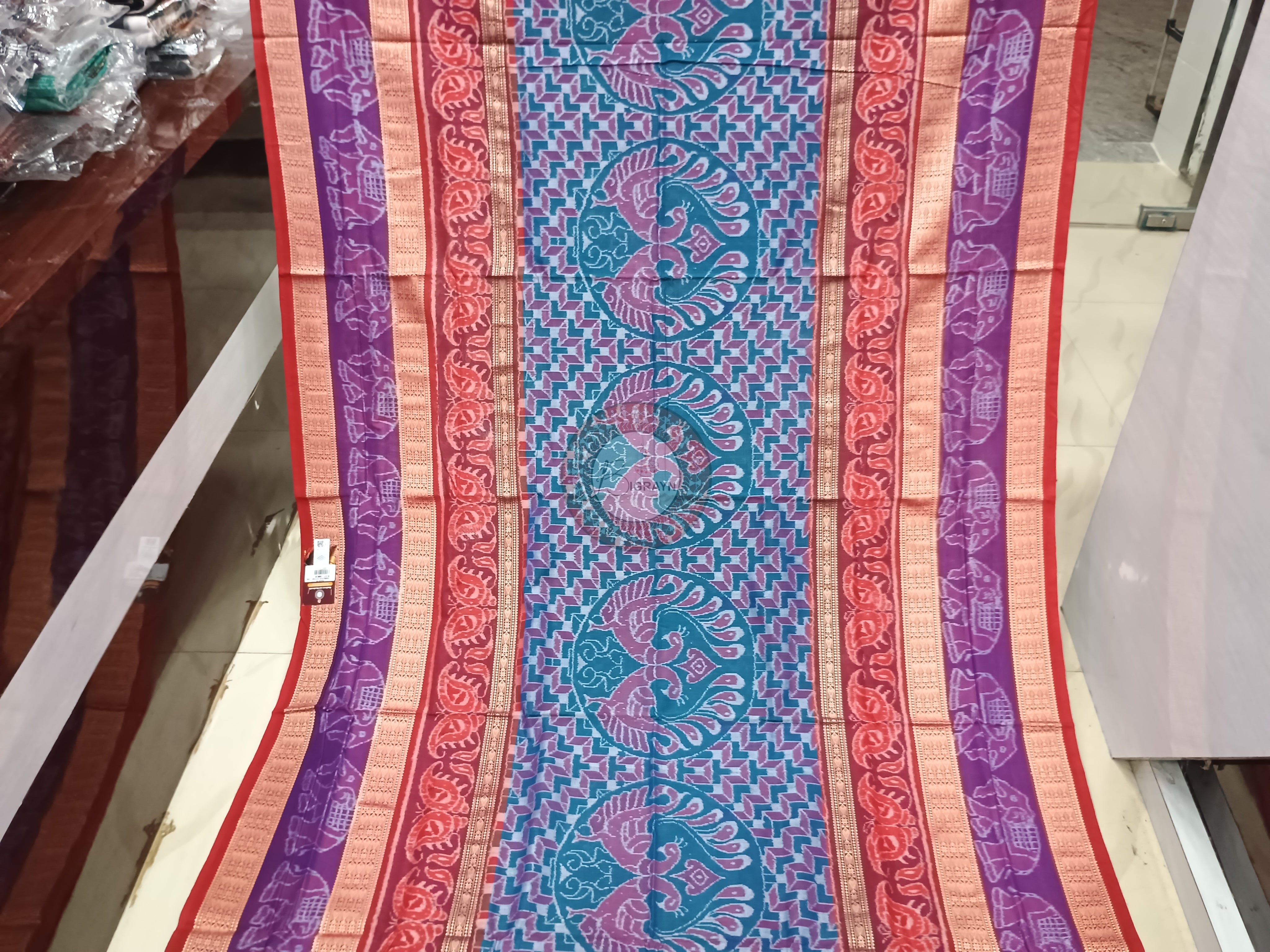Blue Red Purple Peacock And Scot Elephant Design Odisha Handloom Sambalpuri Cotton Saree
