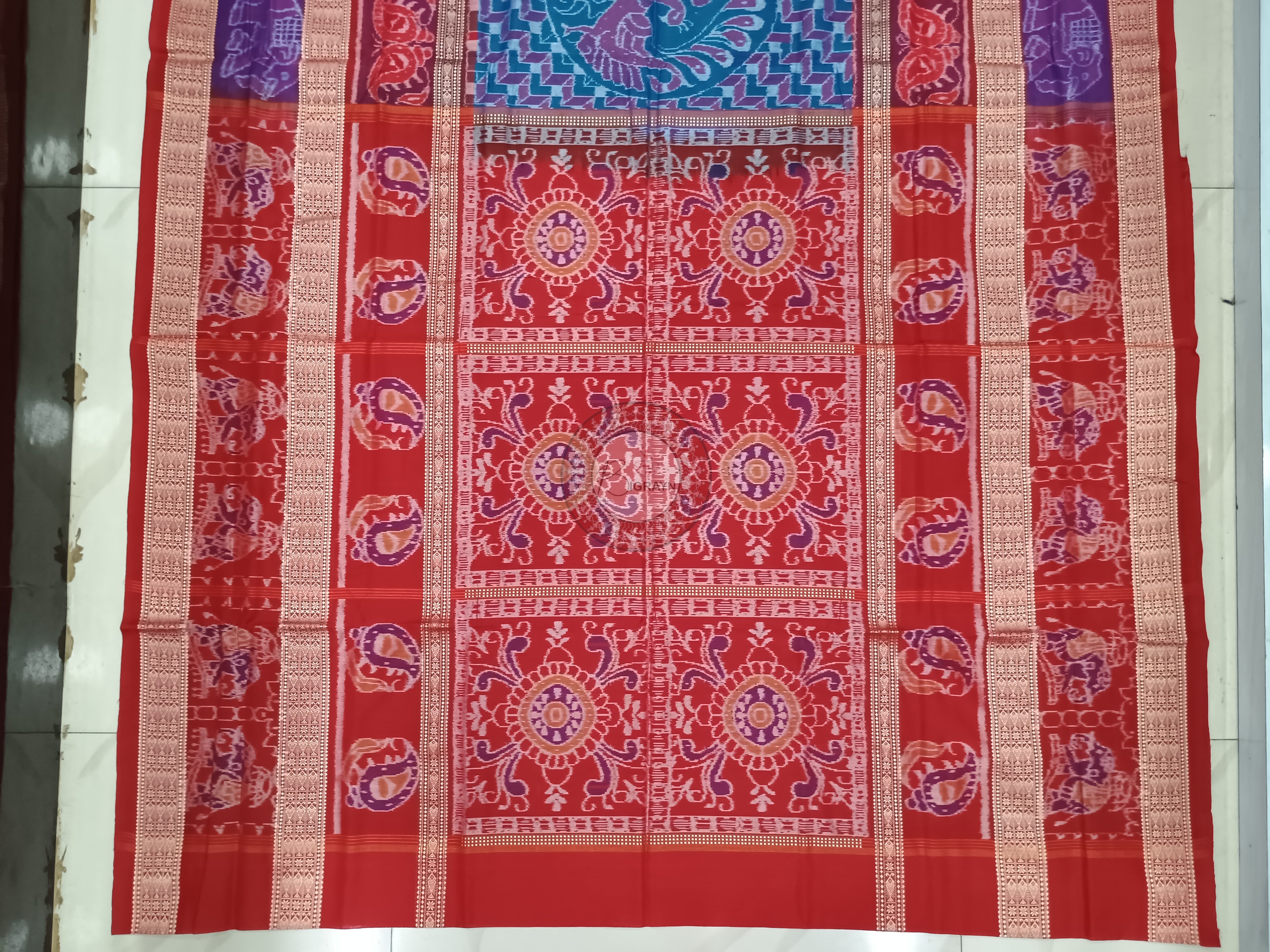 Blue Red Purple Peacock And Scot Elephant Design Odisha Handloom Sambalpuri Cotton Saree