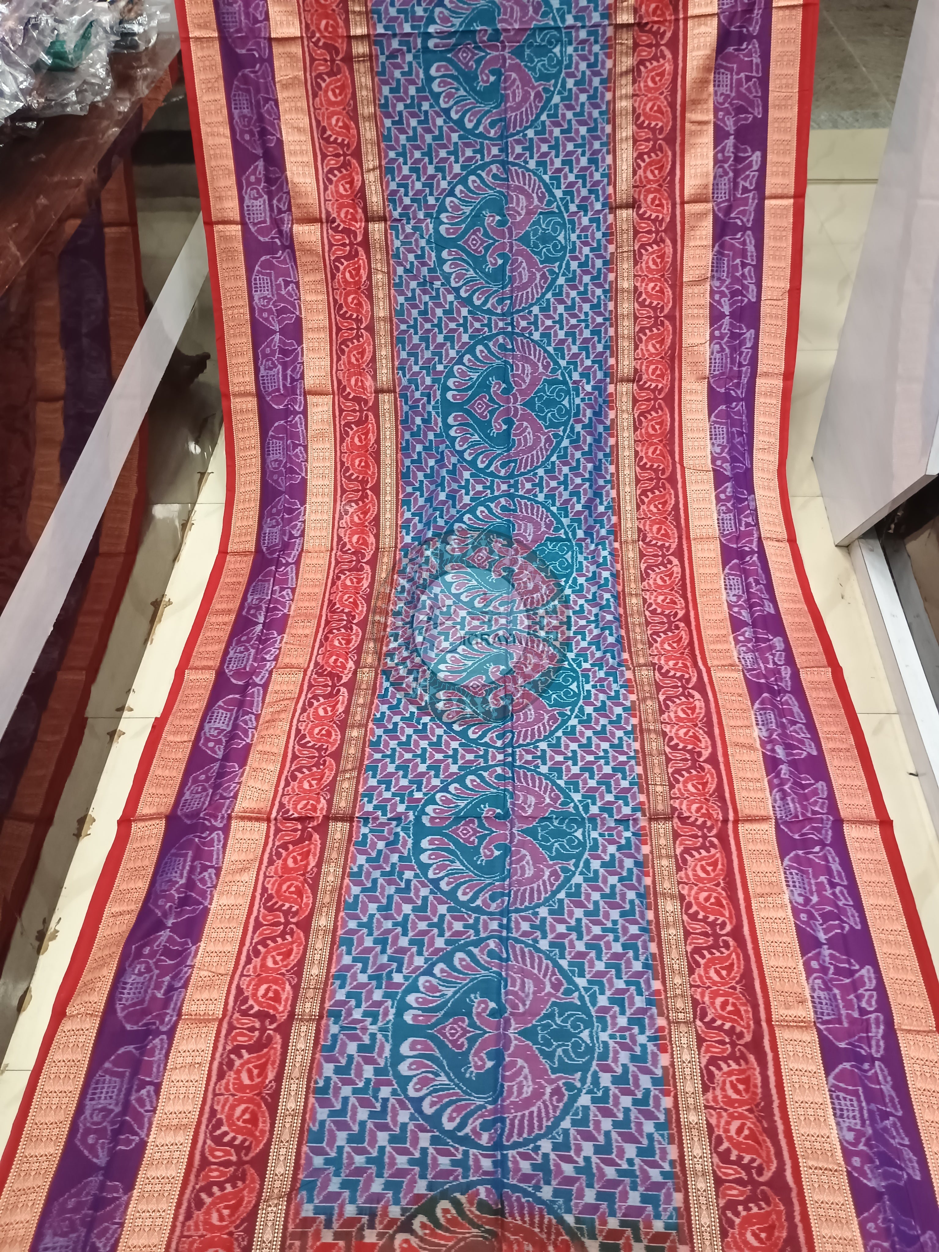 Blue Red Purple Peacock And Scot Elephant Design Odisha Handloom Sambalpuri Cotton Saree