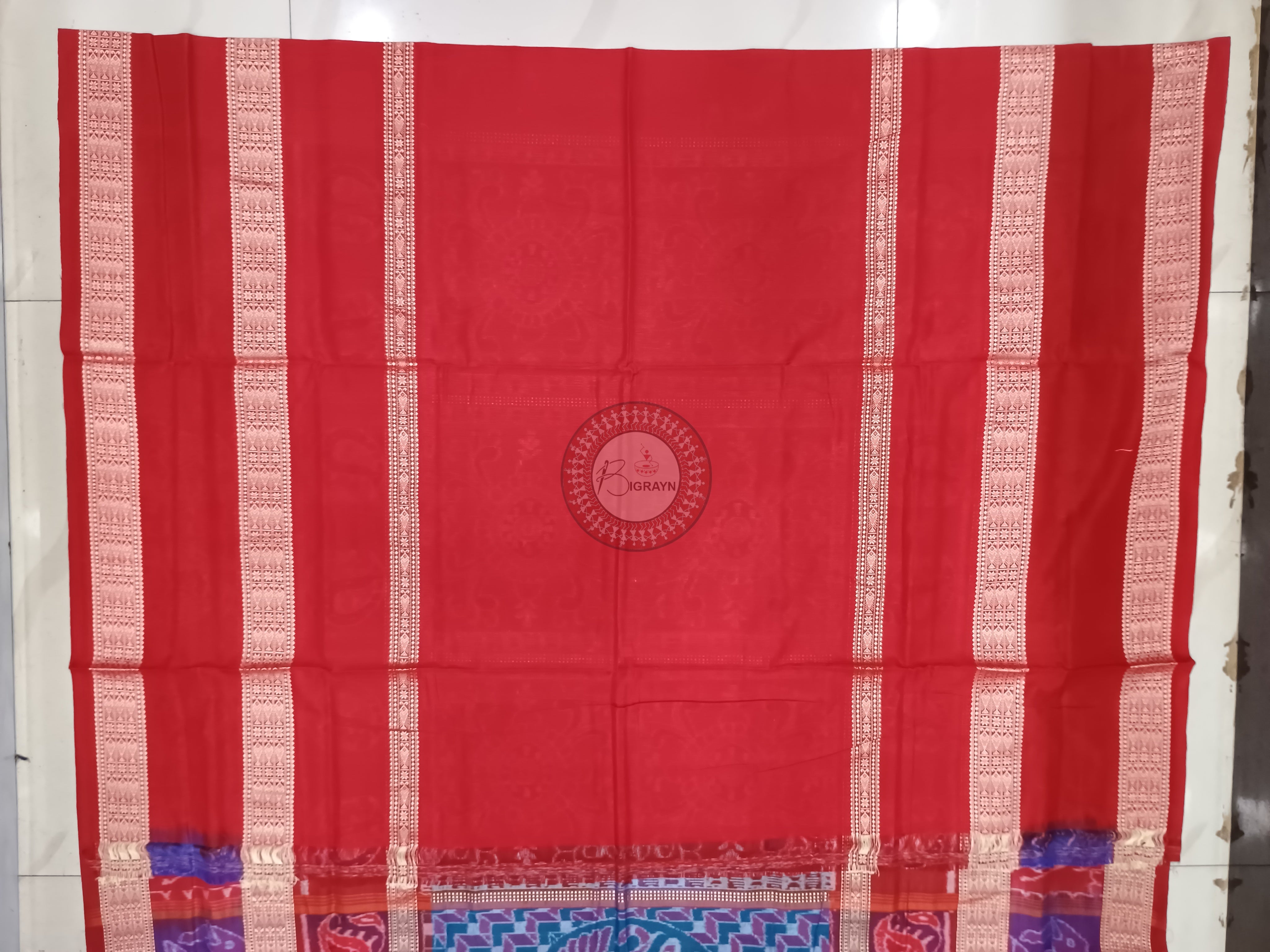 Blue Red Purple Peacock And Scot Elephant Design Odisha Handloom Sambalpuri Cotton Saree